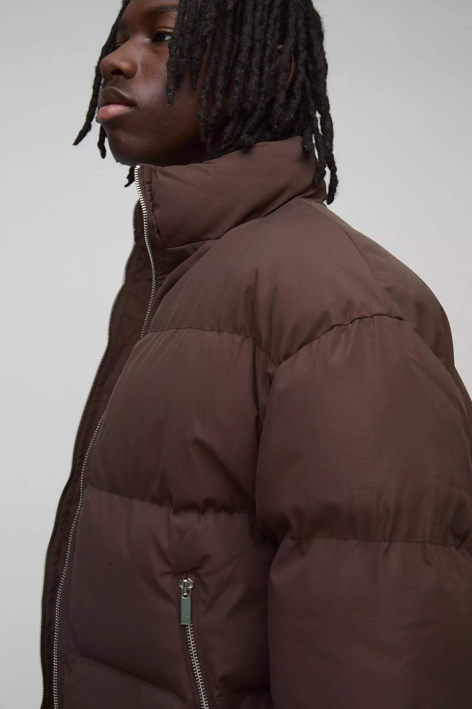 Man Boxy Fit Funnel Neck Puffer Coat In Brown alternative image