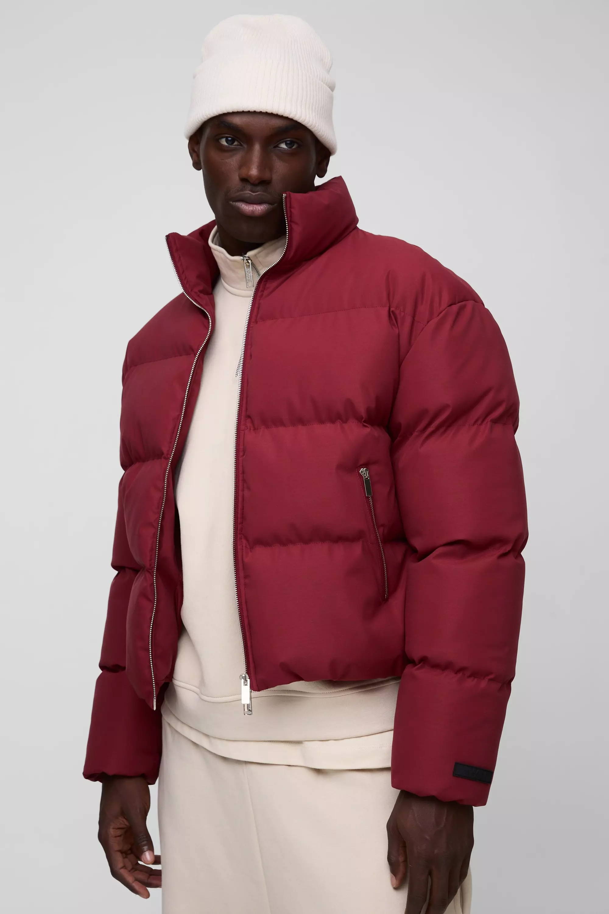 Man Boxy Fit Funnel Neck Puffer Coat In Red Red