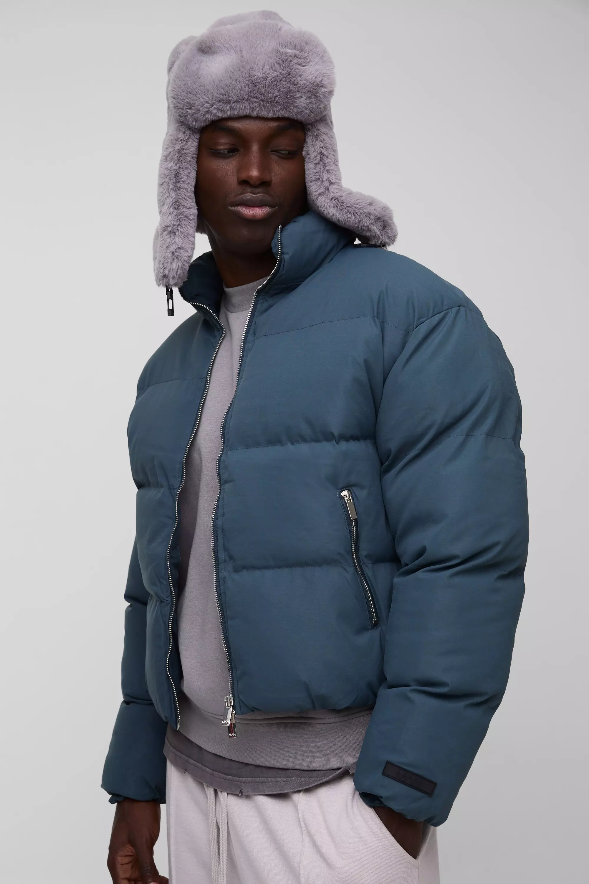 Man Boxy Fit Funnel Neck Puffer Coat In Slate Slate