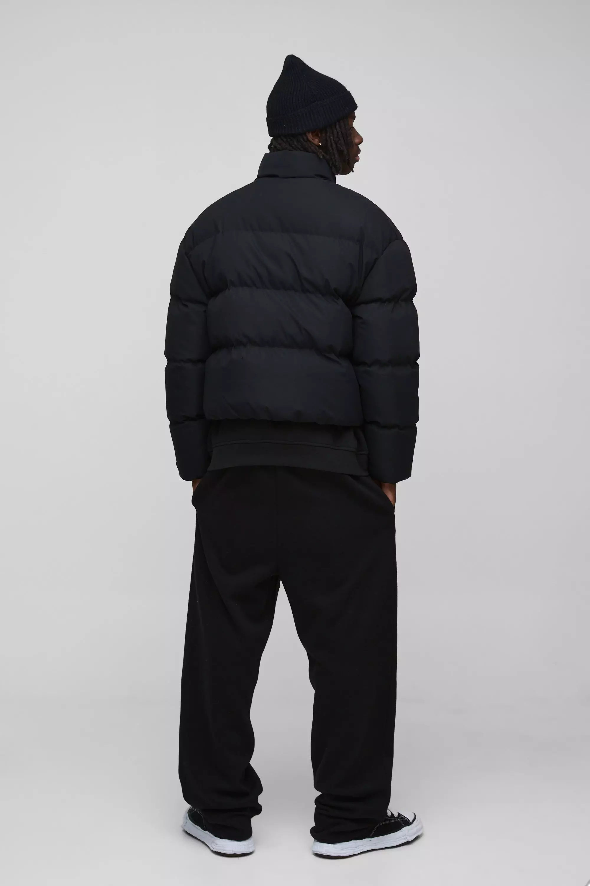 Man Boxy Fit Funnel Neck Puffer Coat In Black | boohooMAN USA