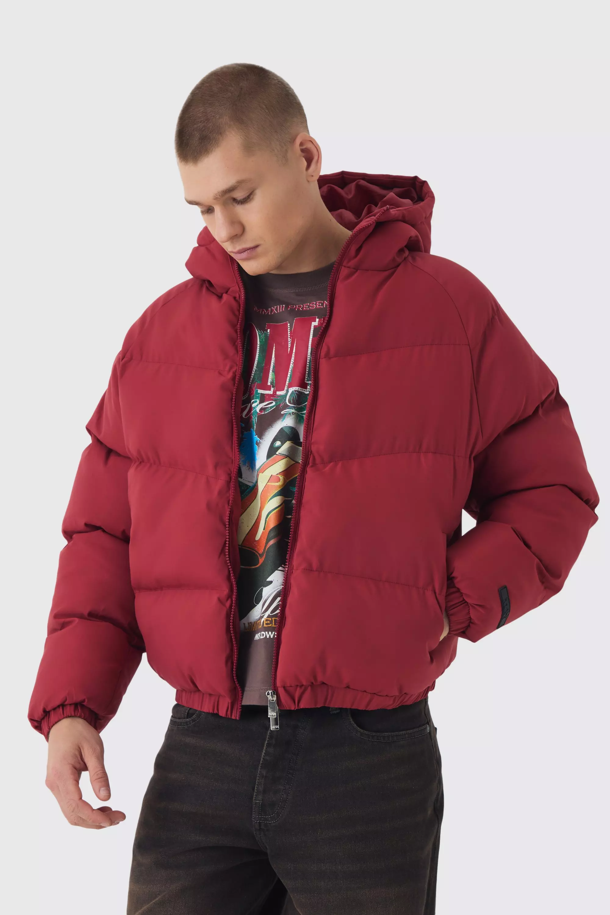 Man Regular Fit Hooded Puffer Coat In Red Red