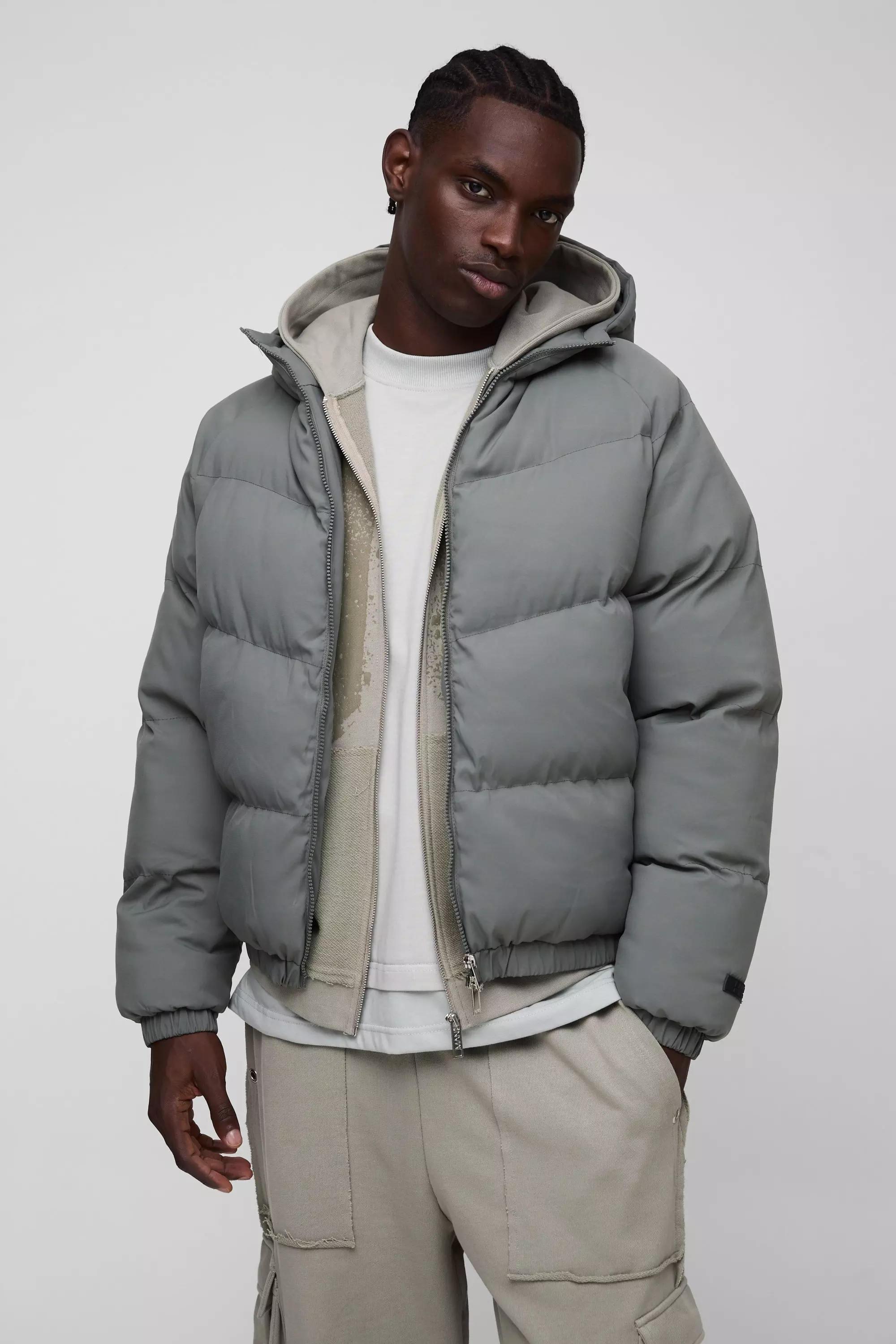 Man Regular Fit Hooded Puffer Coat In Grey Grey