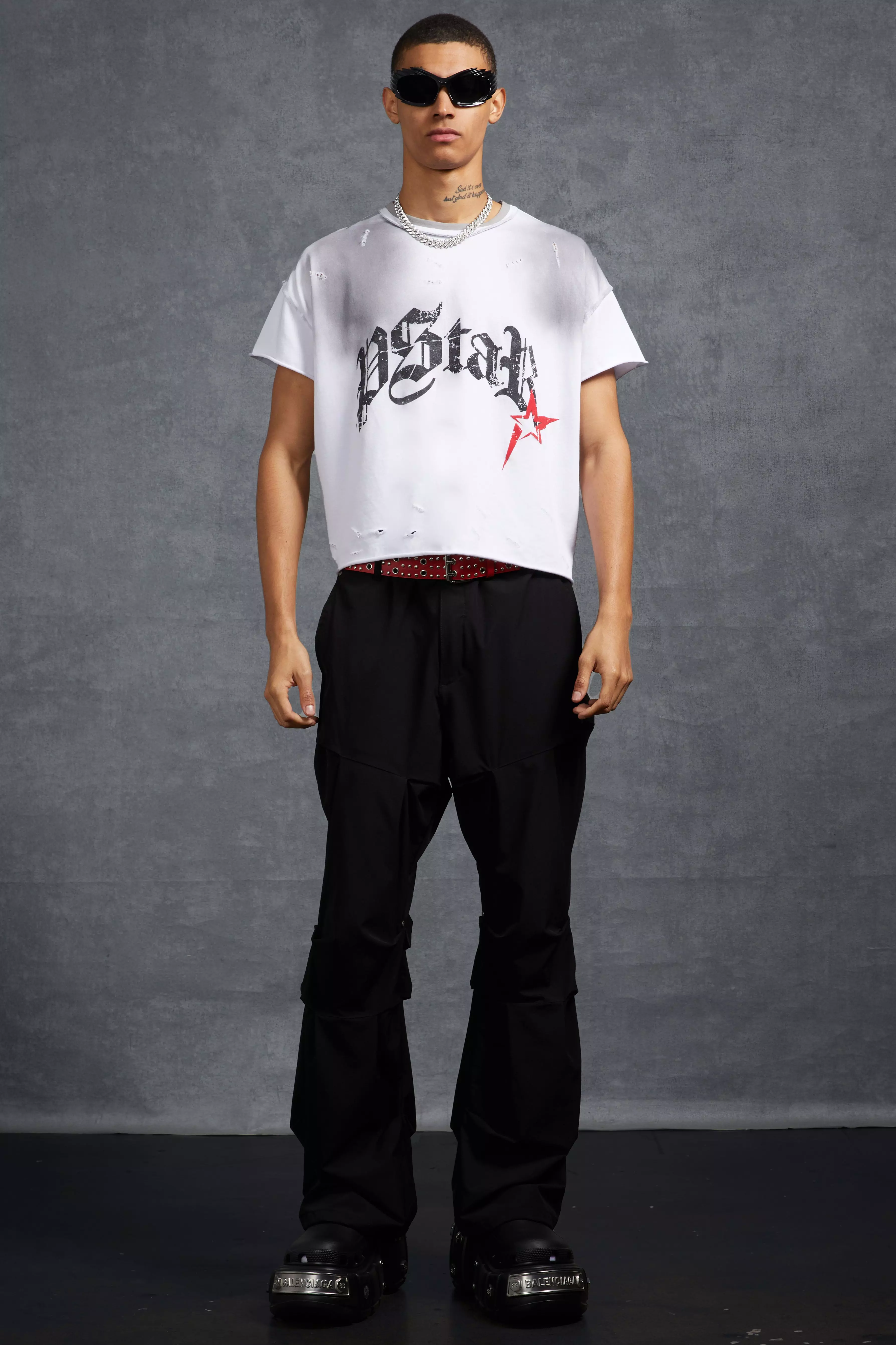 Black P-Star Slim Fit Flare Stacked Ruched Detail Trousers alternative image
