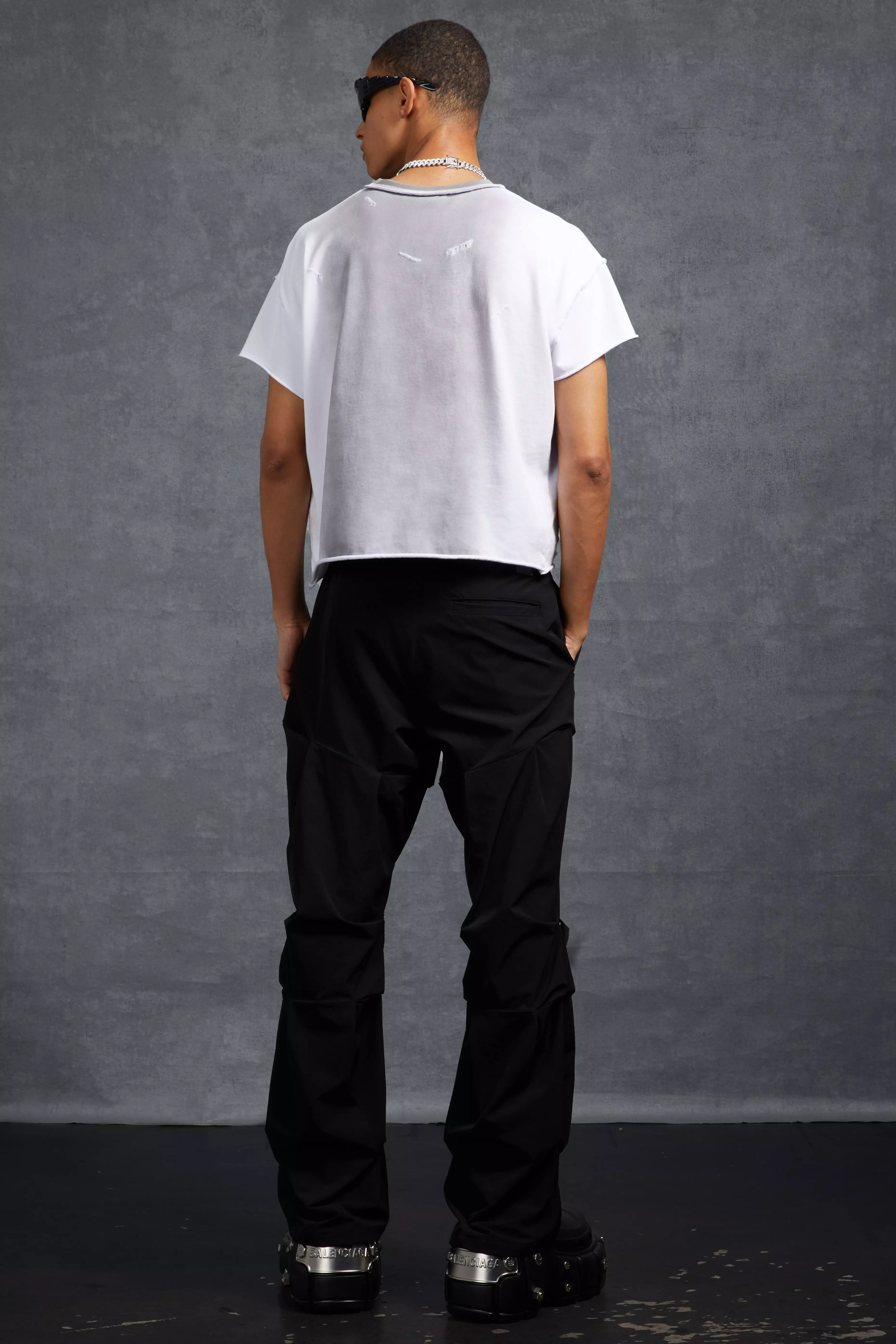 Black P-Star Slim Fit Flare Stacked Ruched Detail Trousers alternative image