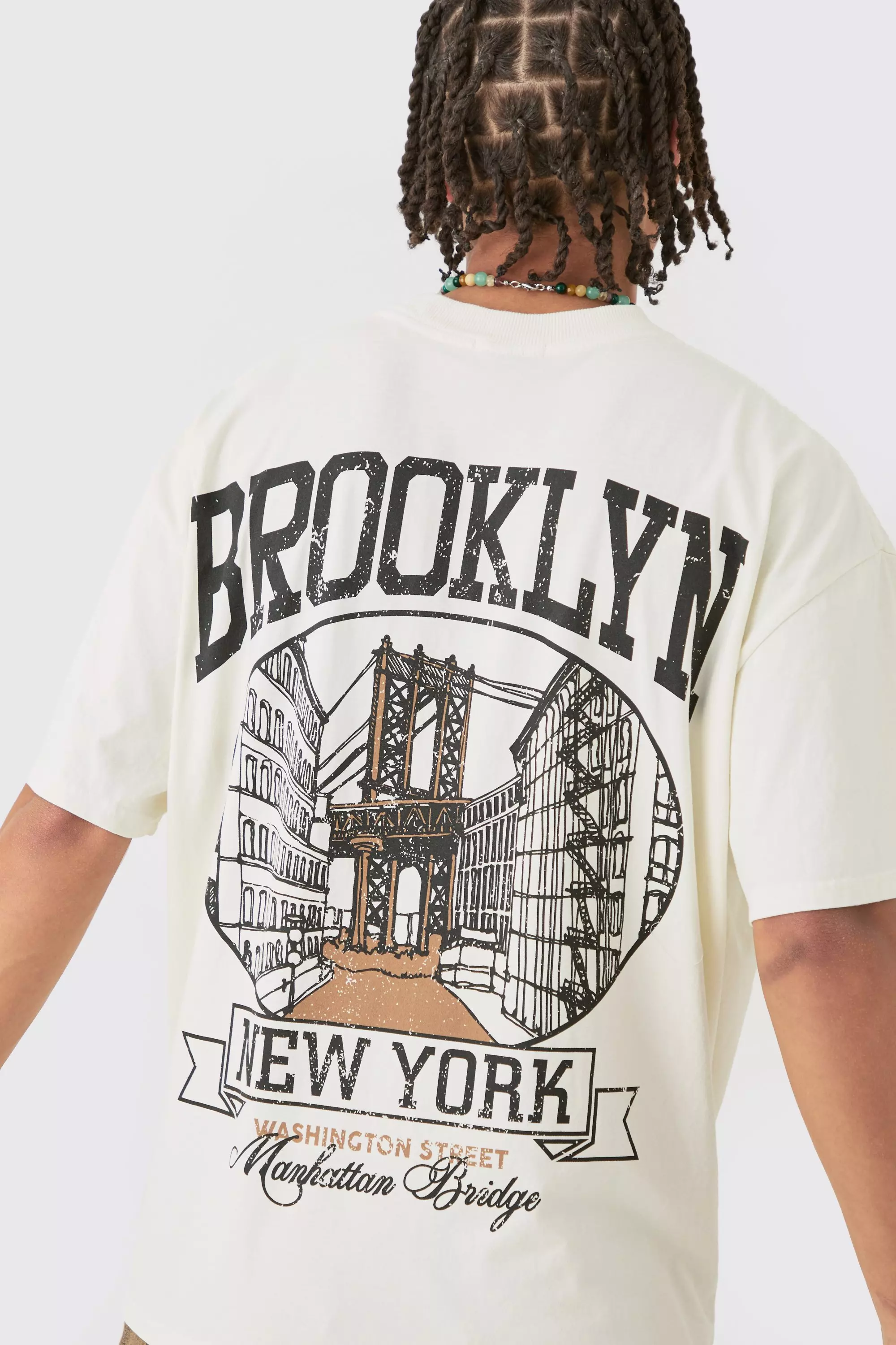 Ecru White Oversized Brooklyn Stencil Washed Back Print T-shirt