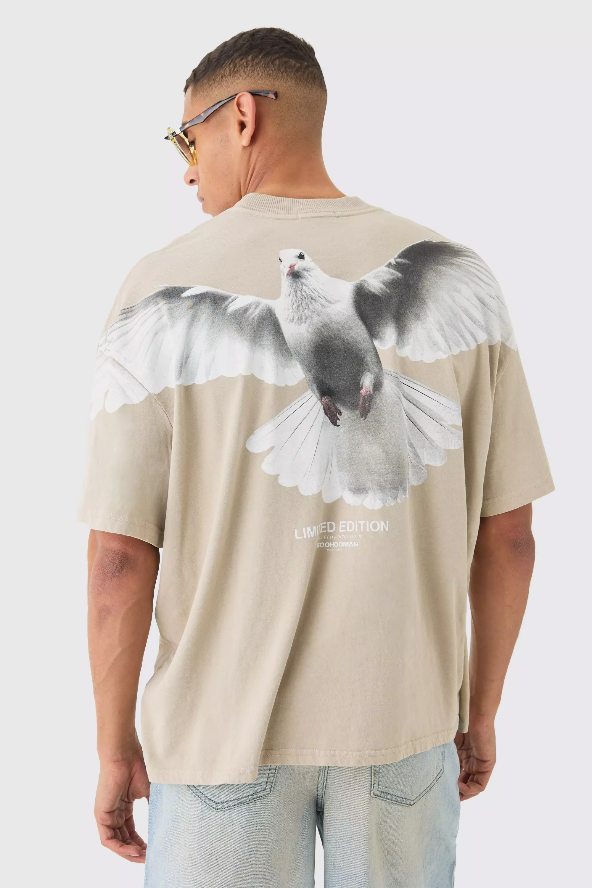 Stone Beige Oversized Large Scae Dove Graphic T-shirt