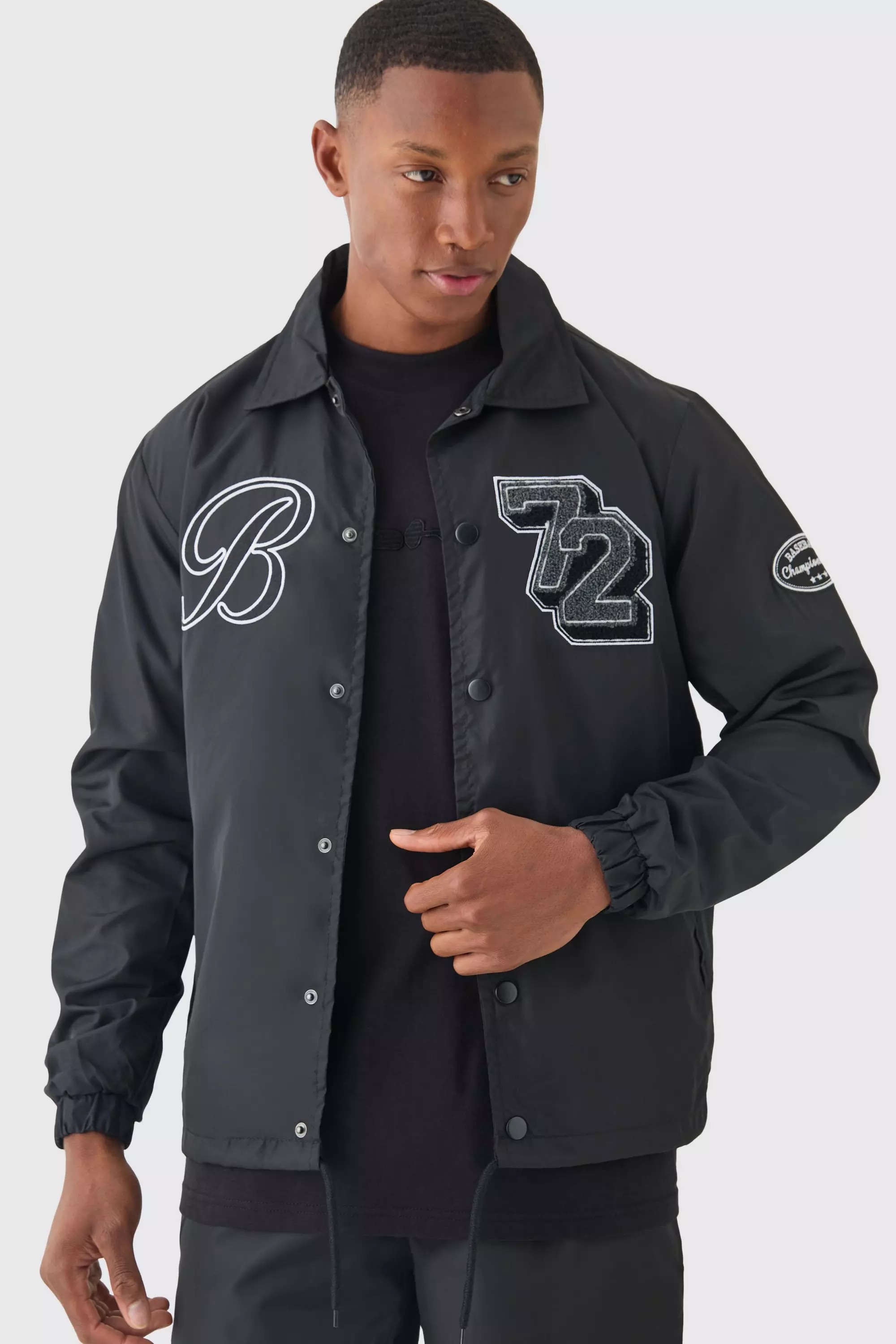 Black Varsity Badge Collared Coach Jacket