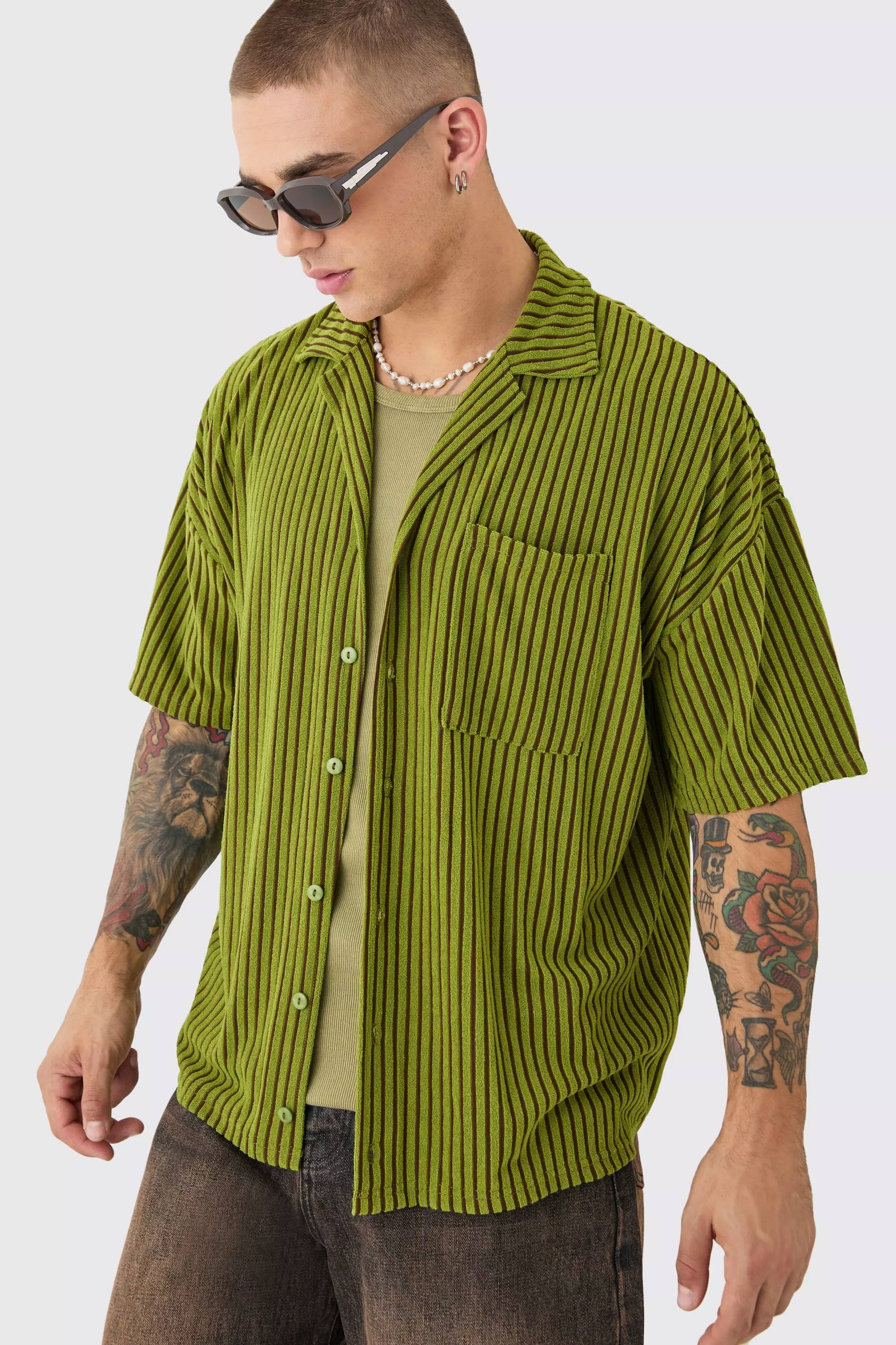 Two Tone Towelling Boxy Shirt Khaki