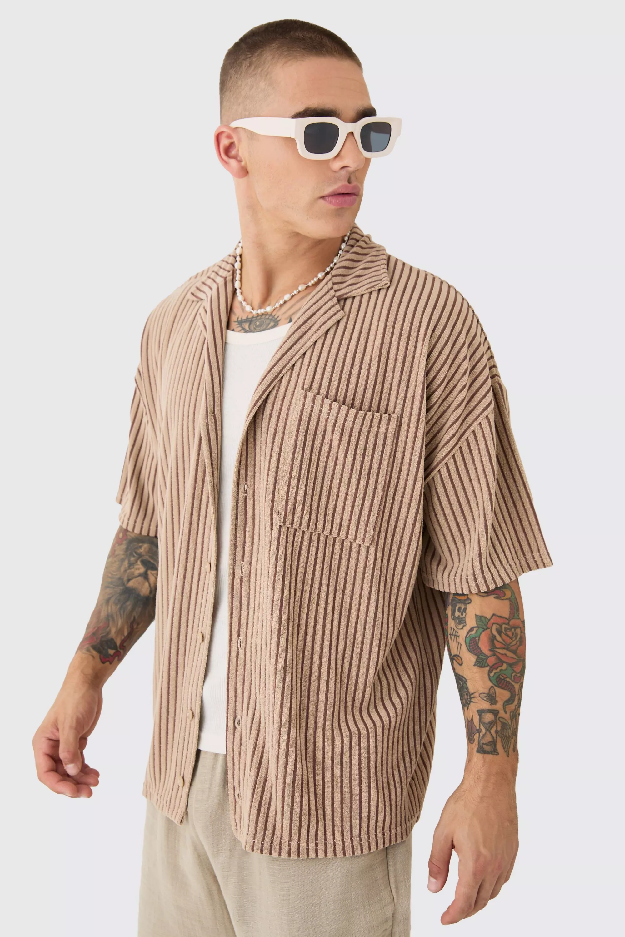 Two Tone Towelling Boxy Shirt Brown