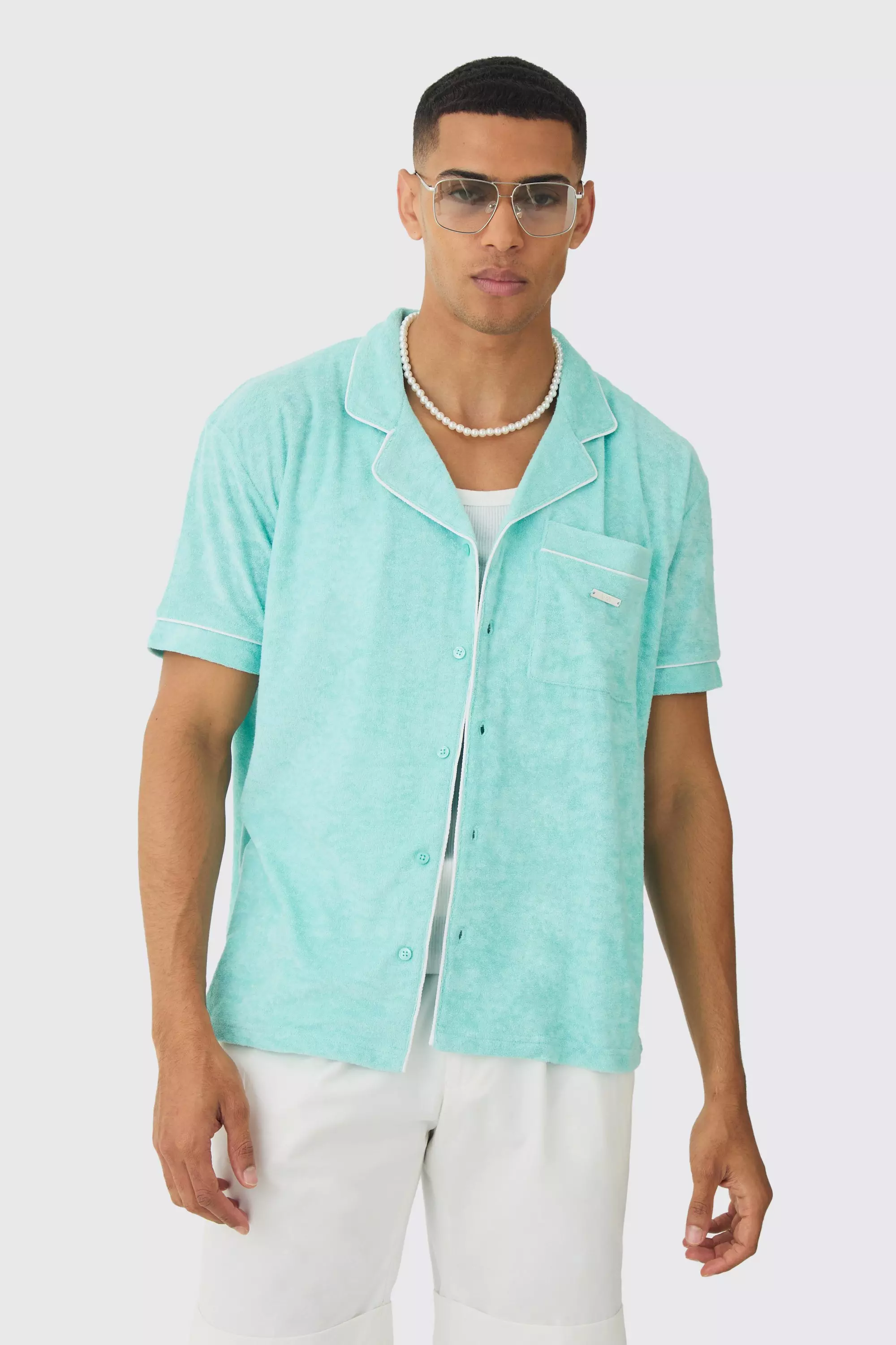 Contrast Piping Towelling Shirt Pale green