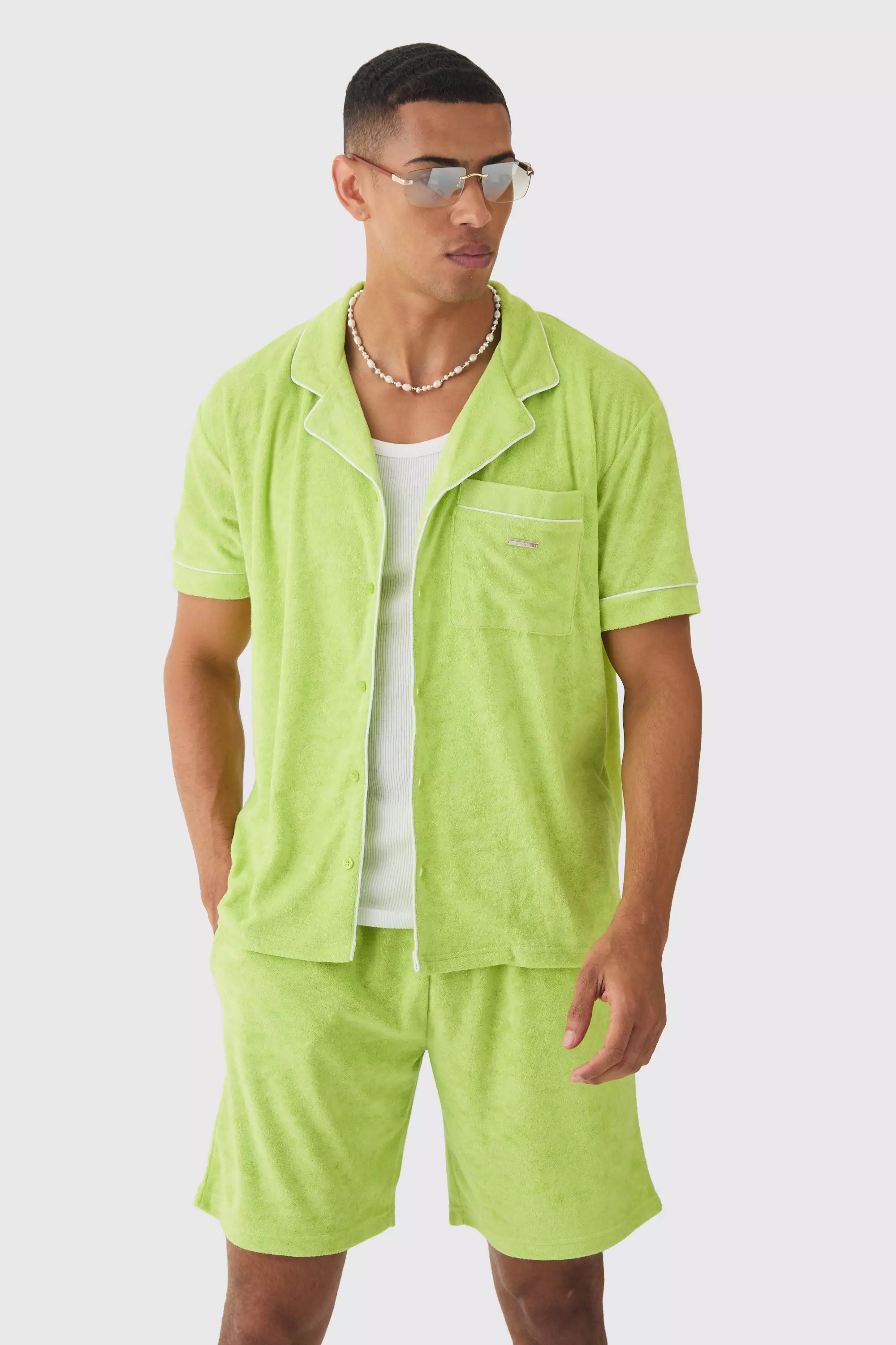 Contrast Piping Towelling Shirt And Short Set Light green