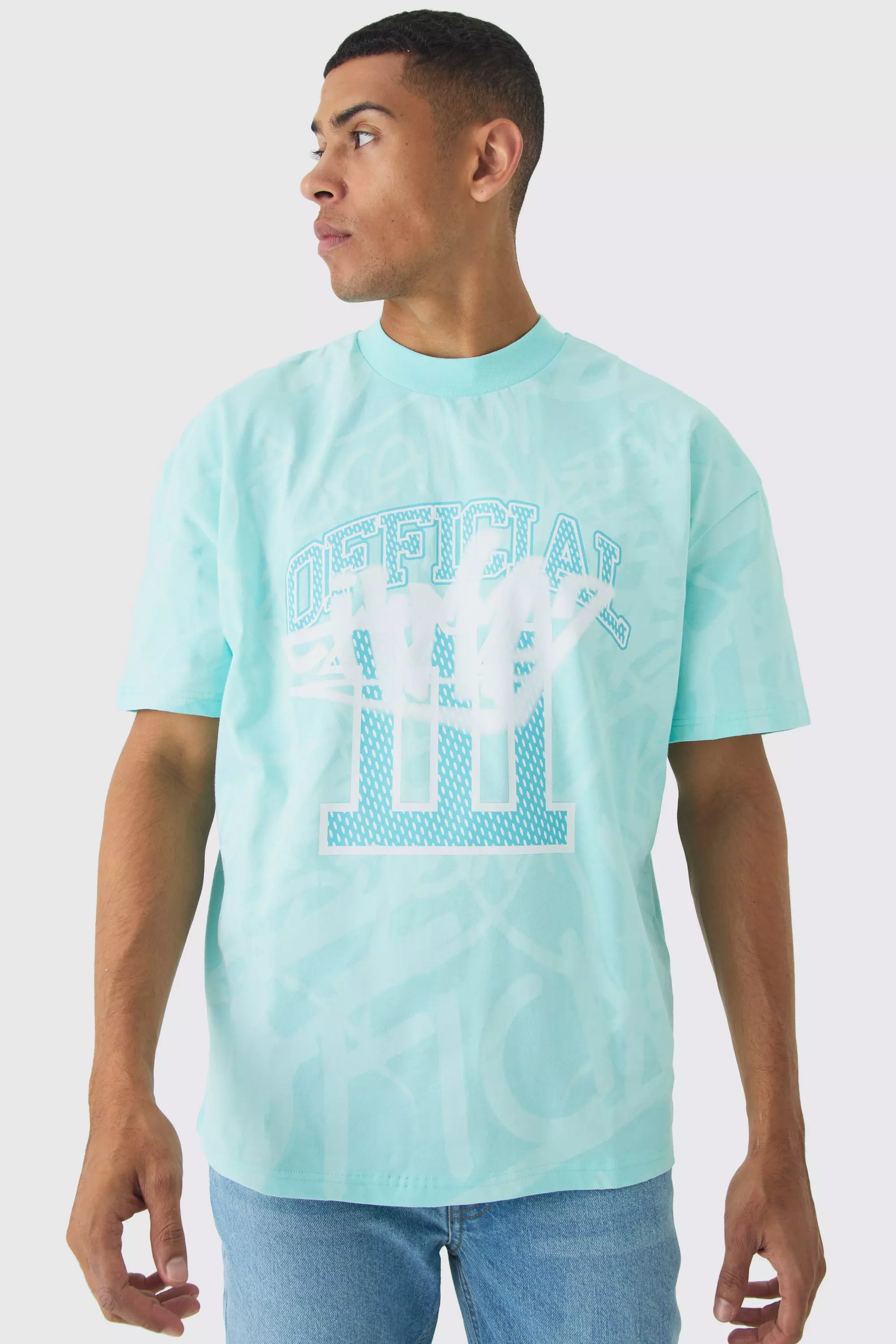 Aqua Blue Oversized Official Graffiti Graphic T-shirt