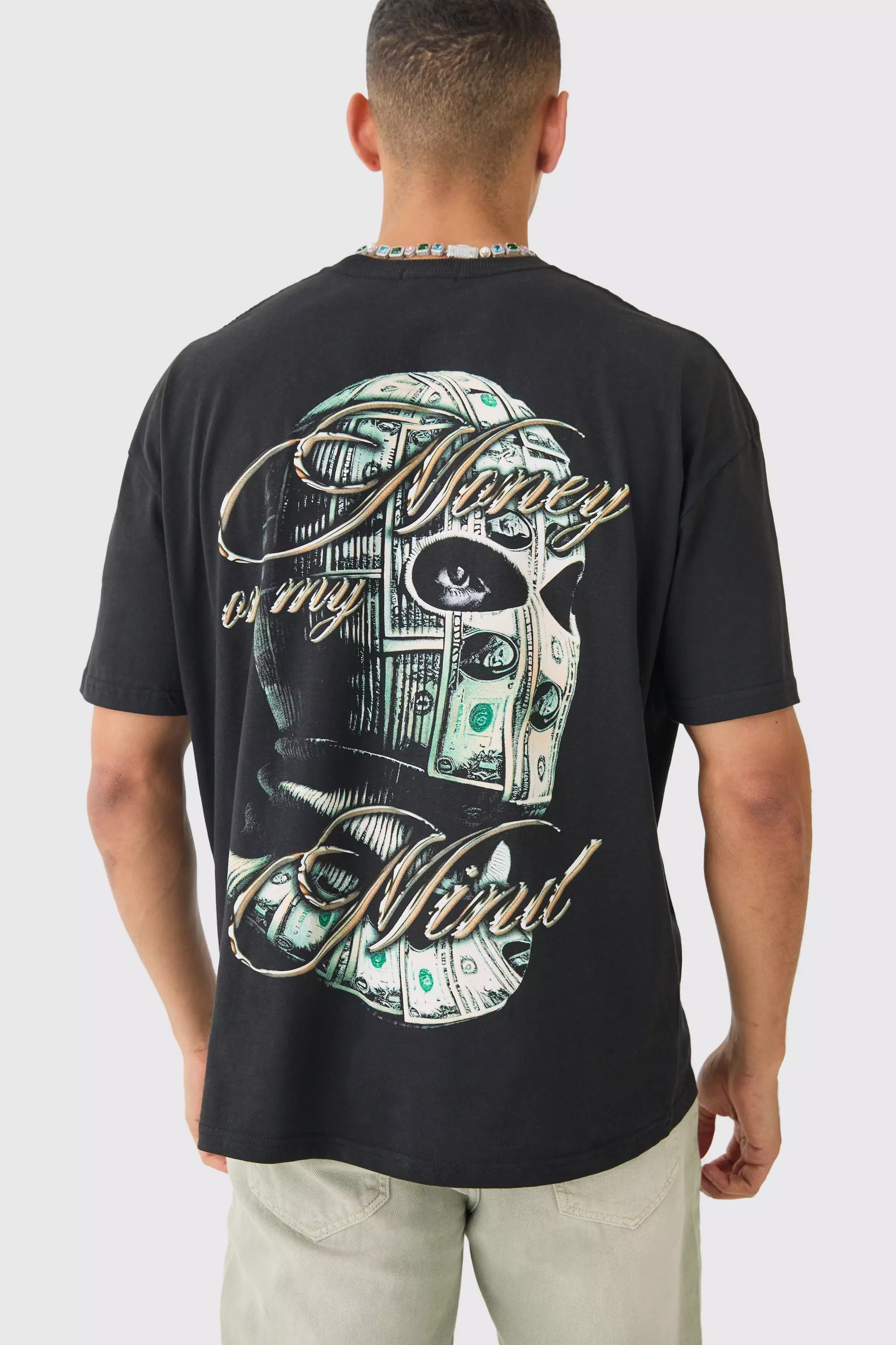 Black Oversized Money Mask Graphic T-shirt