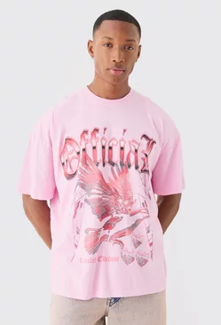 Oversized Extended Neck Dove Washed T-shirt Pink