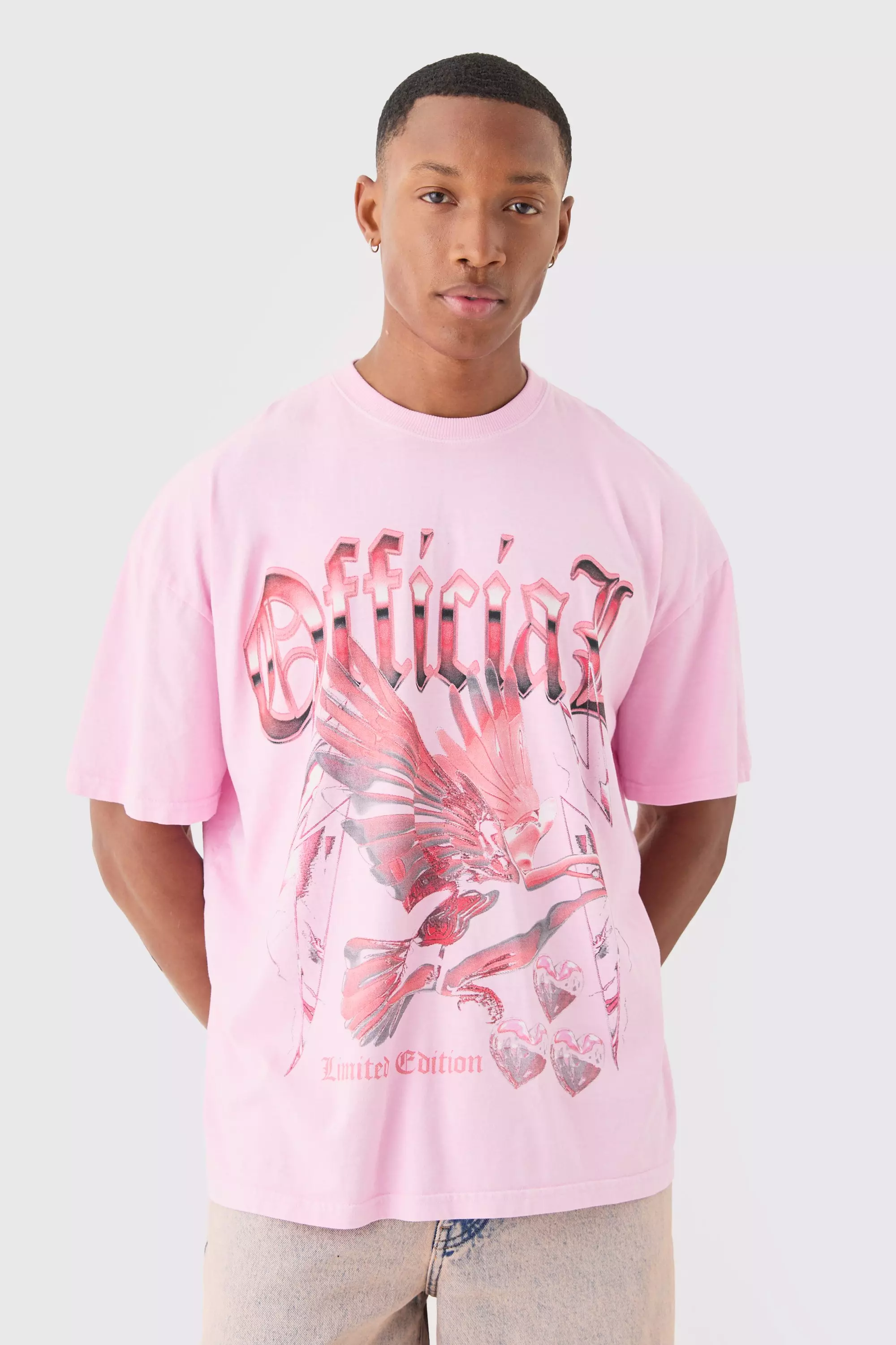 Oversized Extended Neck Dove Washed T-shirt Pink