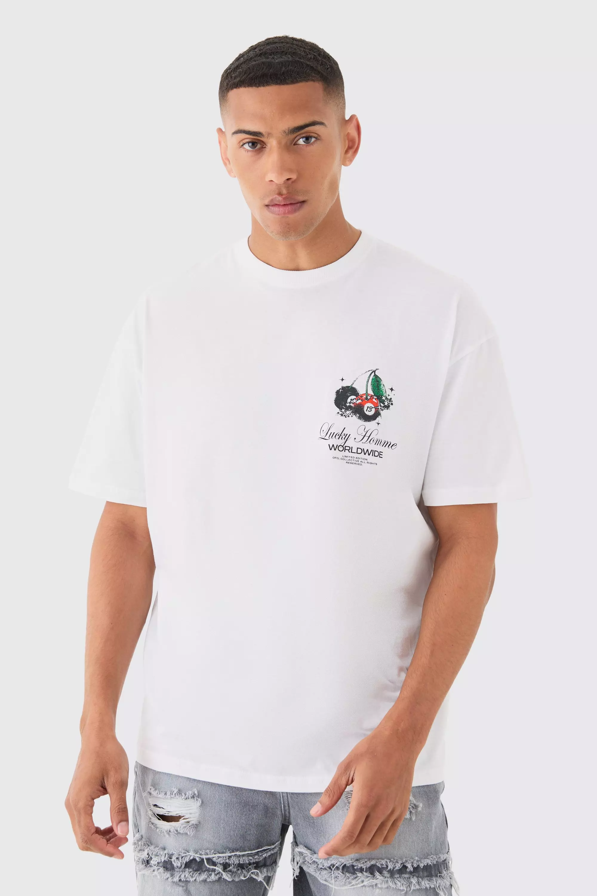 White Oversized Lucky Homme Print T-shirt alternative image