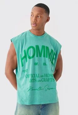Oversized Washed Homme Tonal Print Tank Green