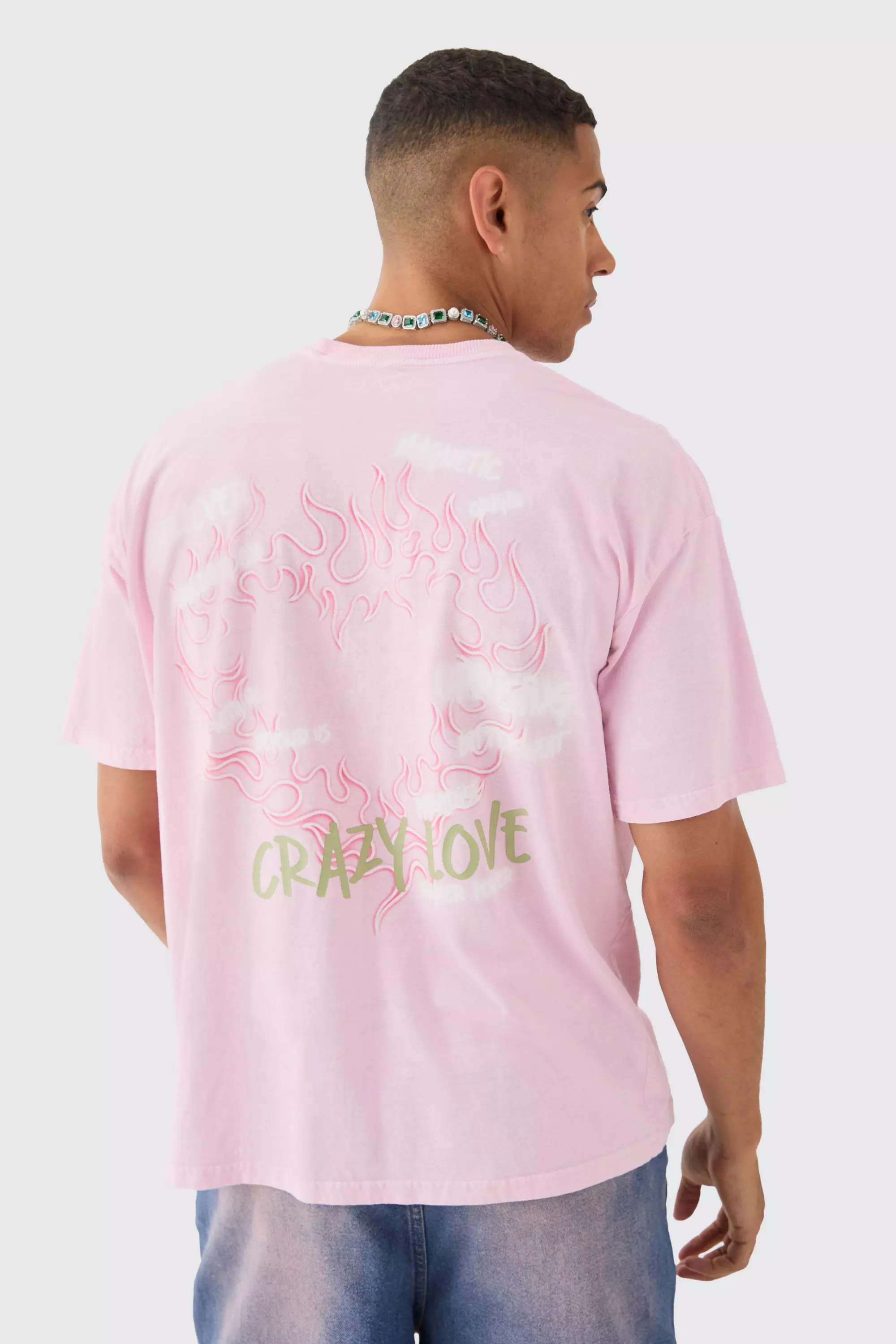 Pink Oversized Extended Neck Flame Heart Wash T-shirt