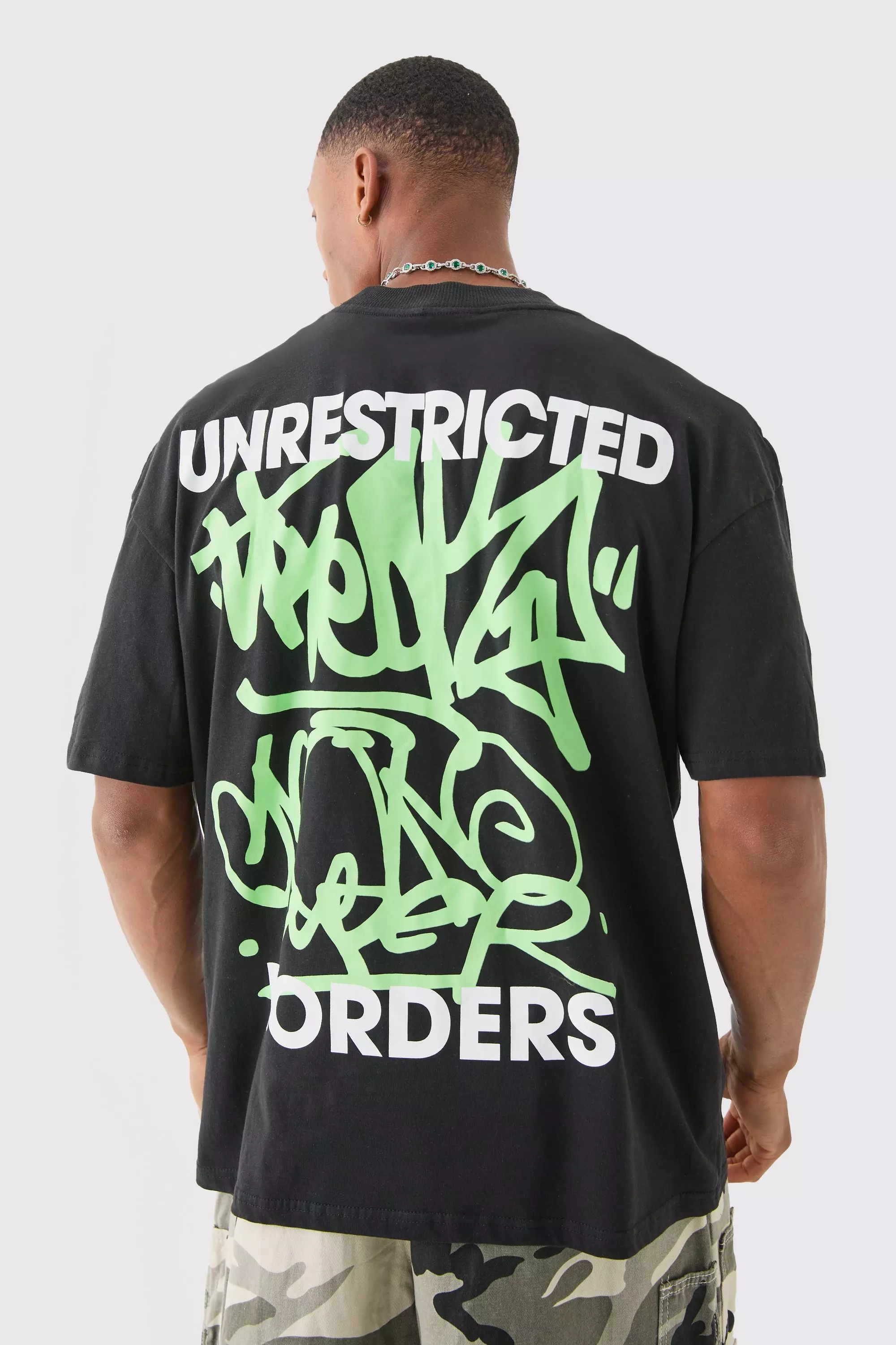 Oversized Extended Neck Graffiti Print T-shirt Black