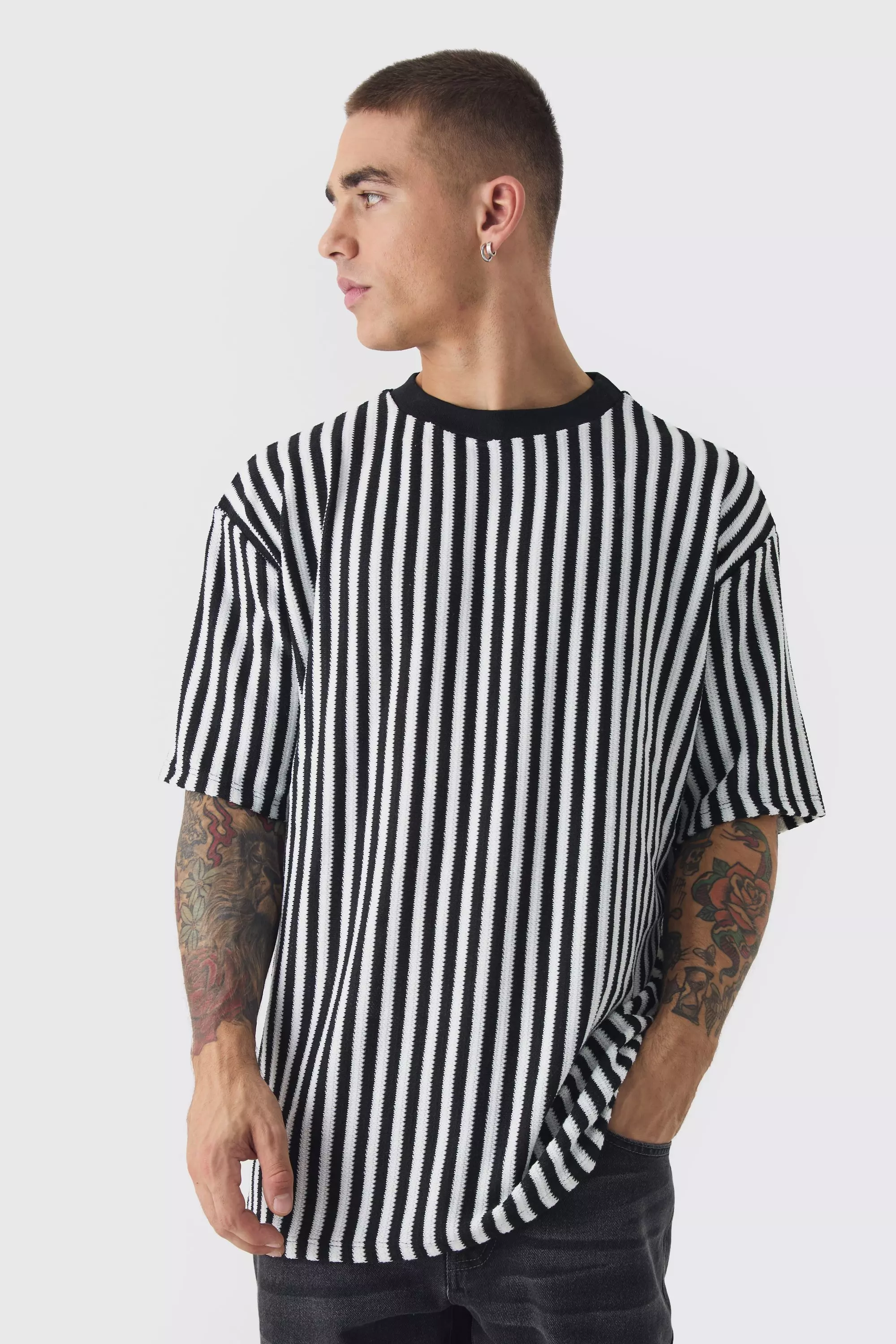 Black Slim Fit Textured Stripe T-shirt