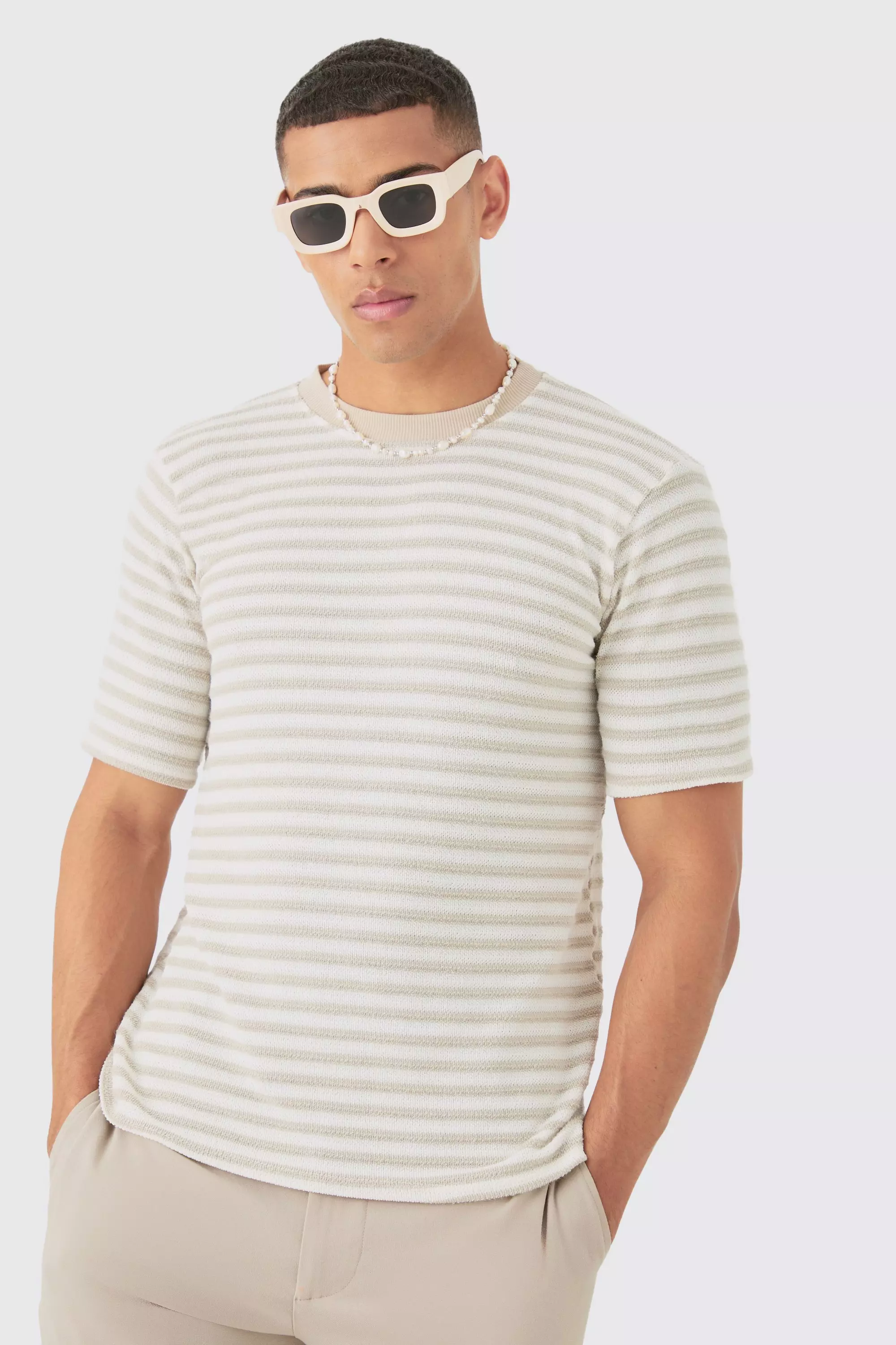 Slim Fit Textured Stripe T-shirt Stone