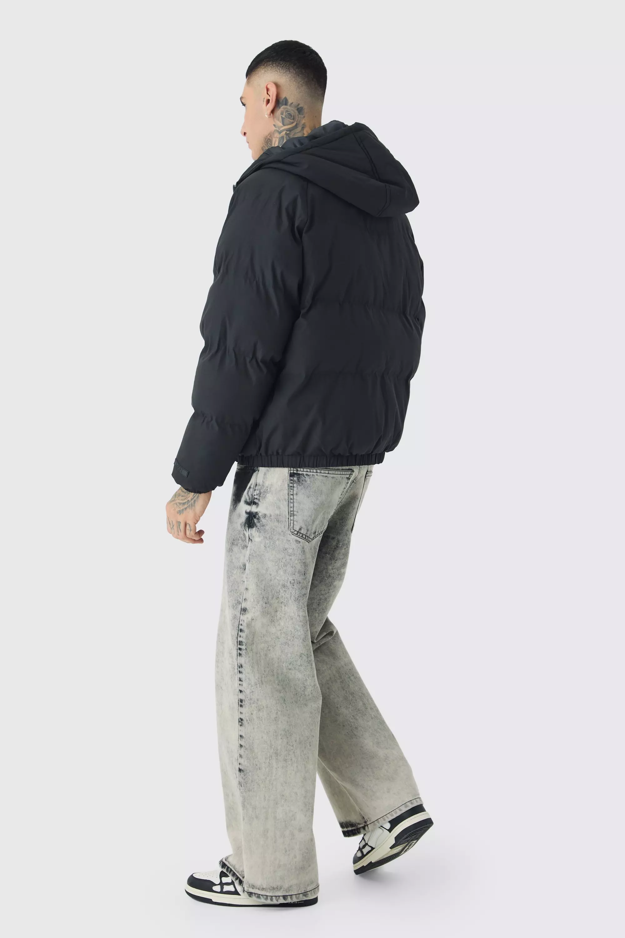 Tall Man Regular Fit Hooded Puffer Coat In Black | boohooMAN USA