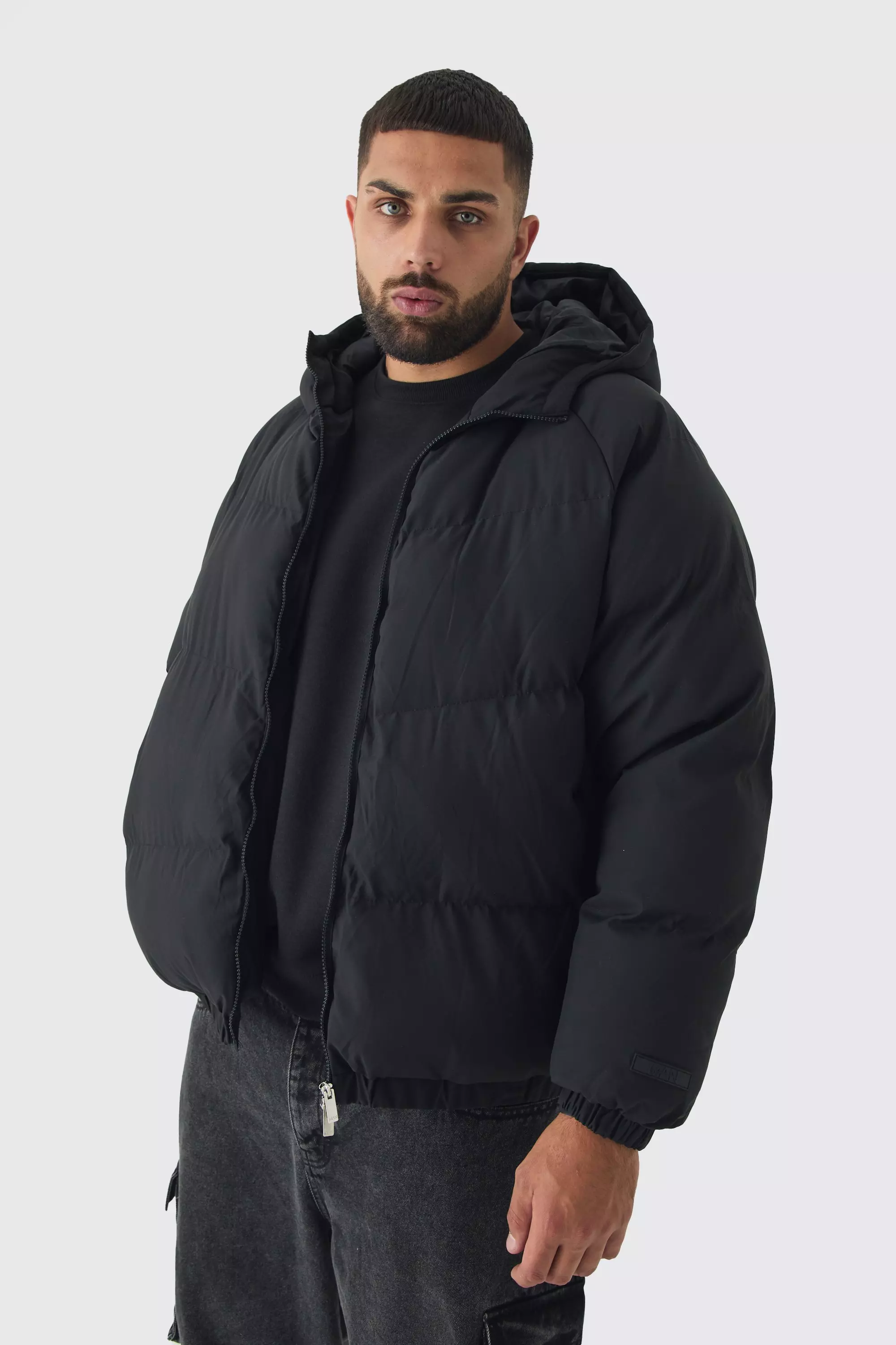 Black Plus Man Regular Fit Hooded Puffer Coat In Black