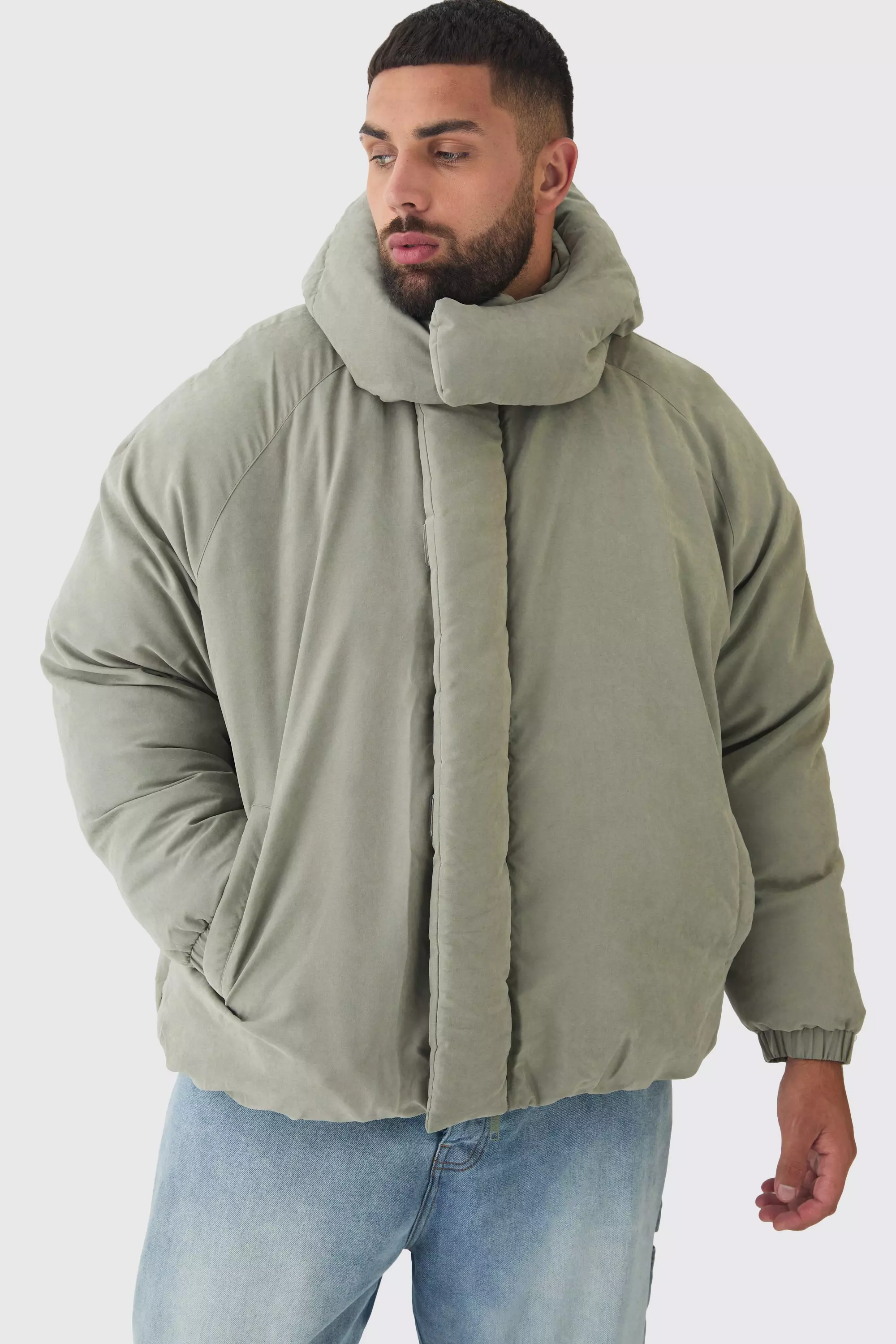 Plus Man Extreme Heavy Padded Hooded Puffer Coat In Stone Stone