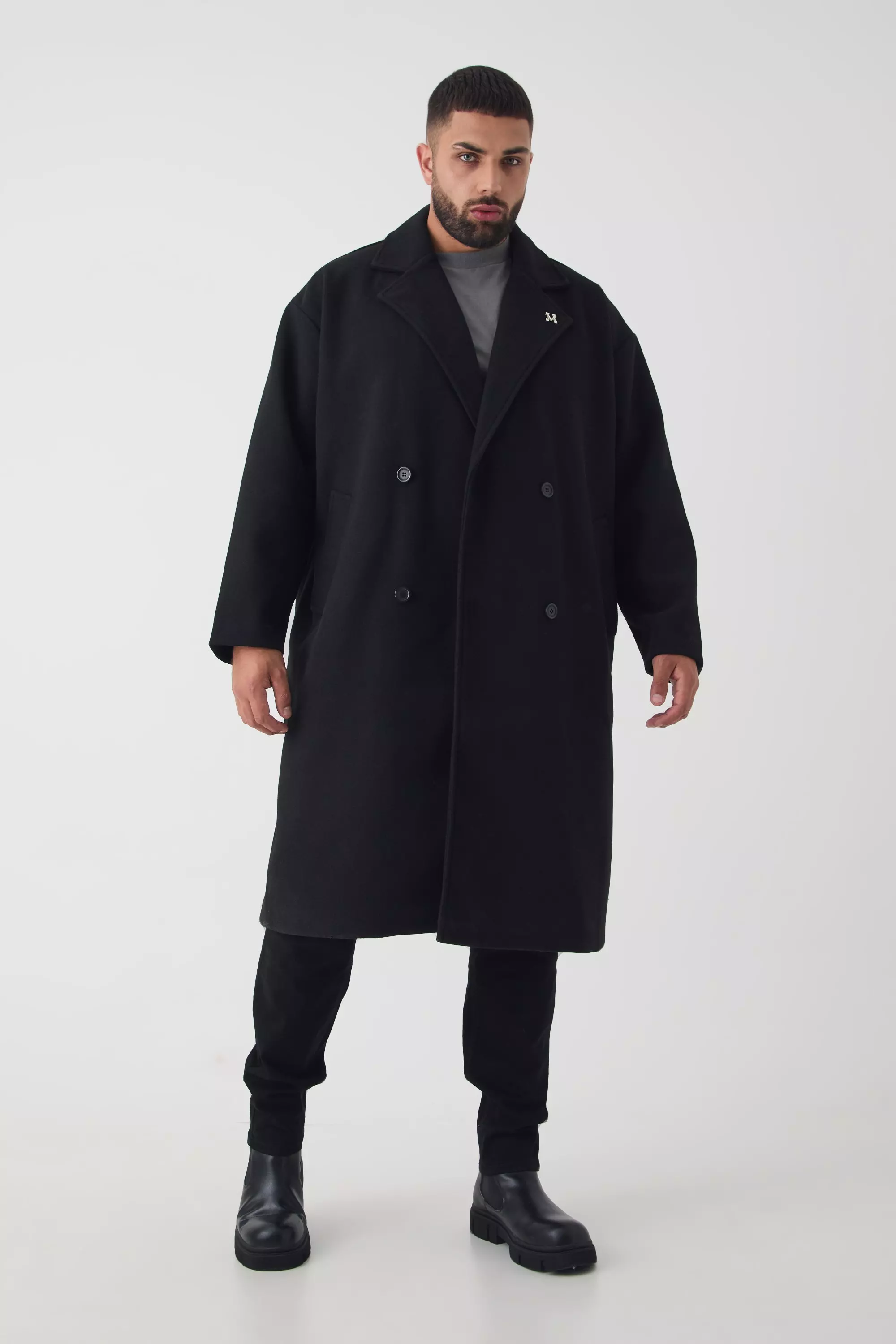 Black Plus Oversized Drop Shoulder Double Breasted Overcoat In Black