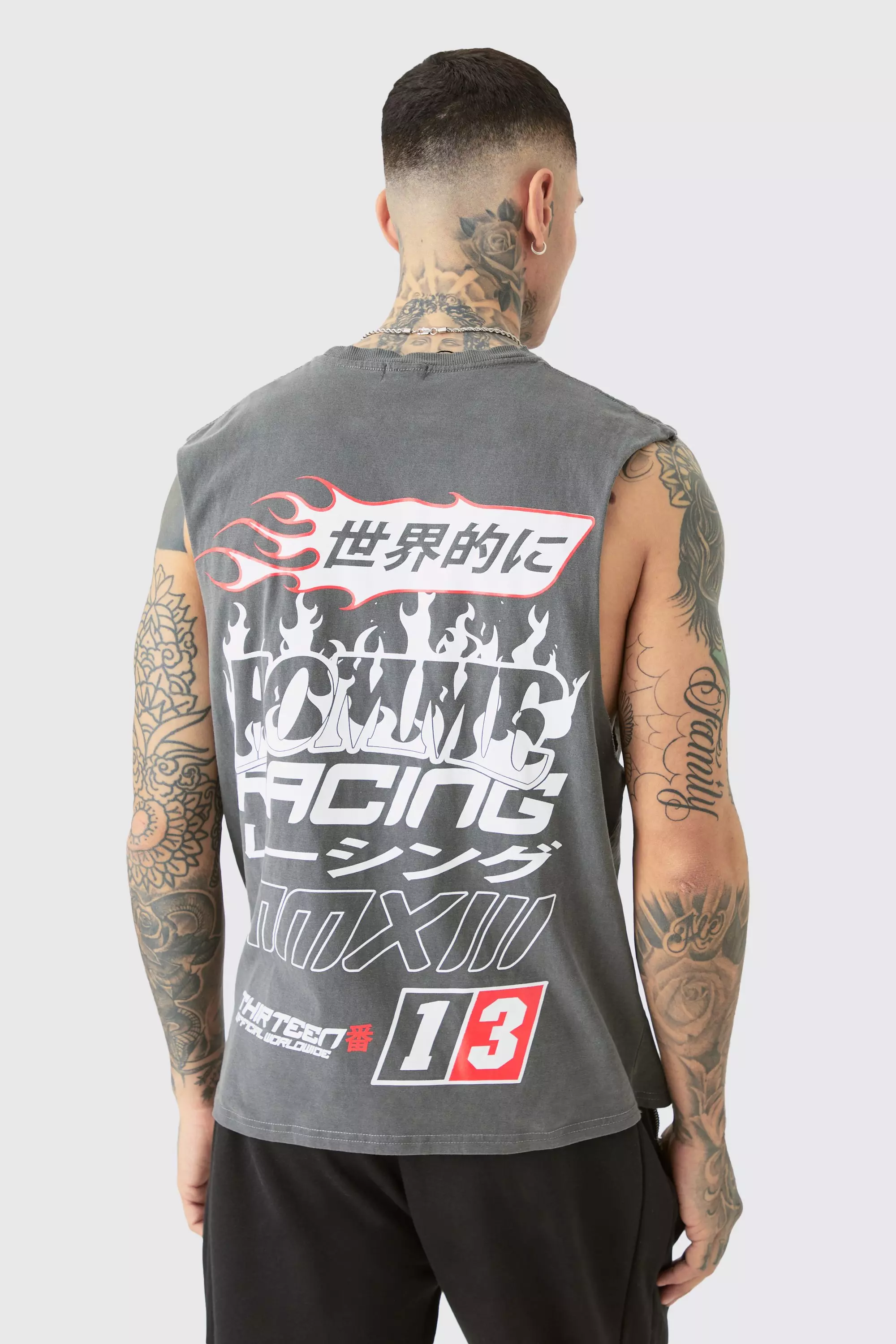 Grey Tall Homme Racer Back Print Tank In Grey