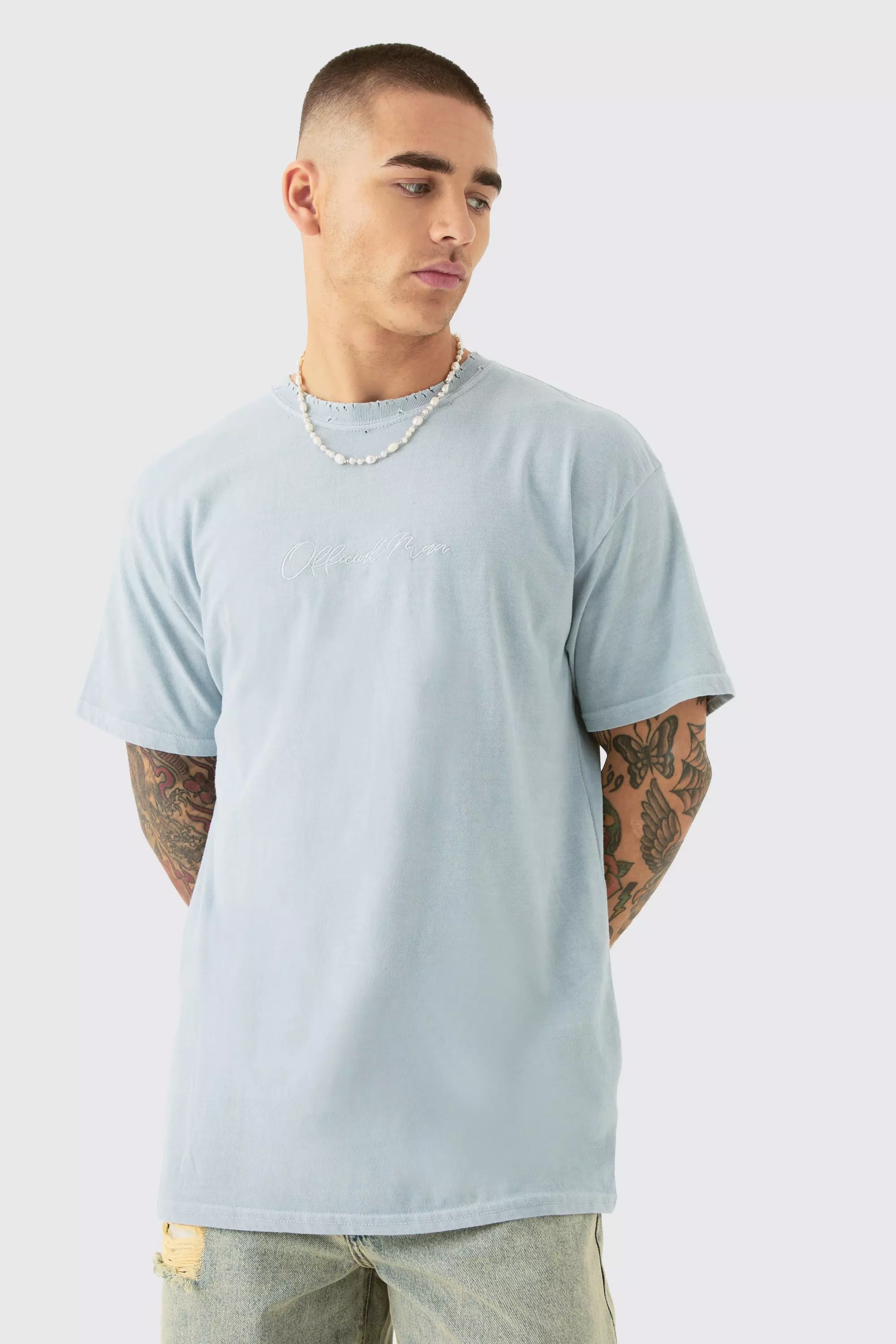 Grey Oversized Distressed Embroidered T-shirt