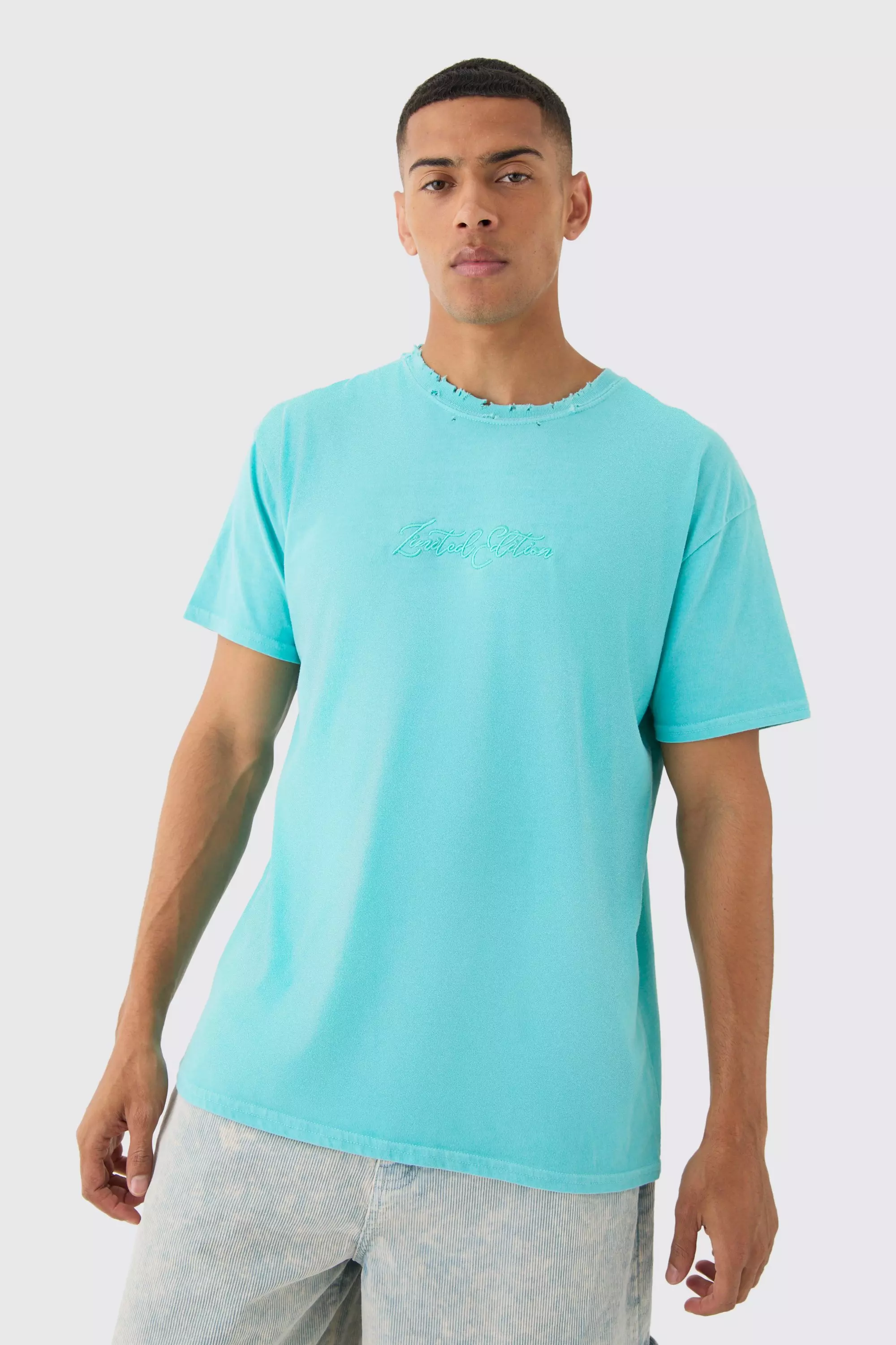 Oversized Distressed Embroidered T-shirt Blue