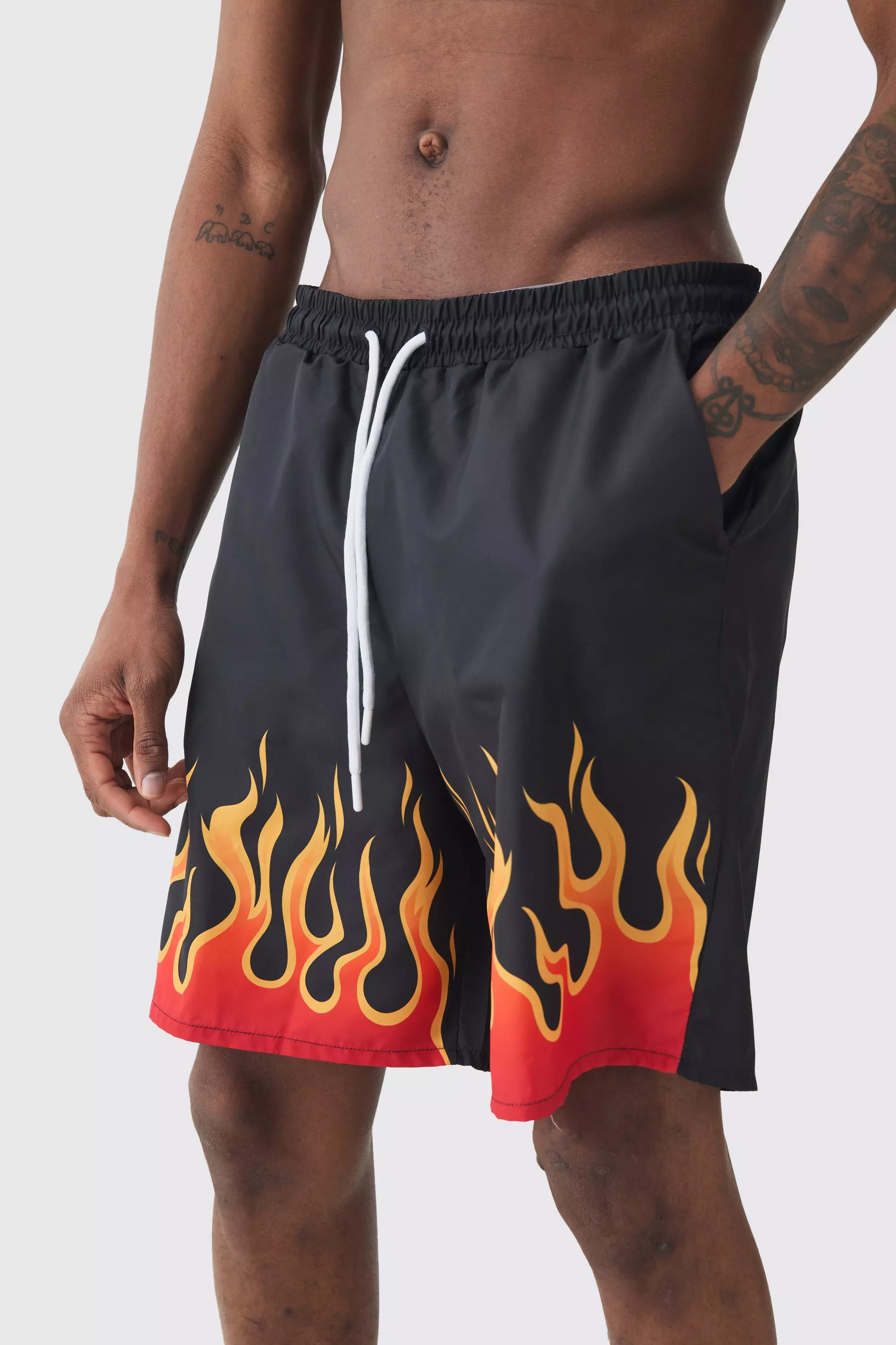 Tall Flame Hem Print Swim Shorts boohooMAN UK