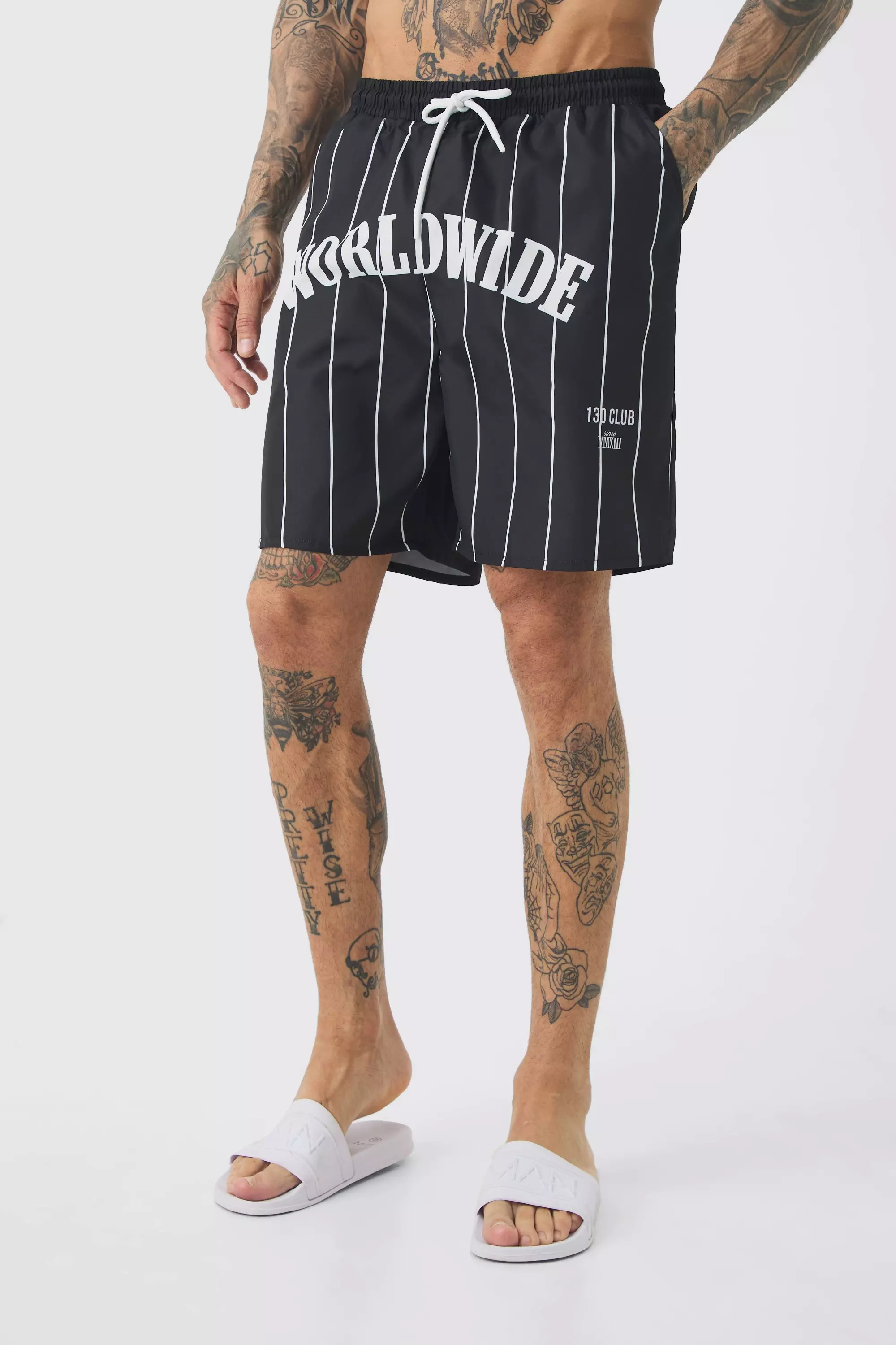 Tall Worldwide Crotch Printed Stripe Swim Shorts Black