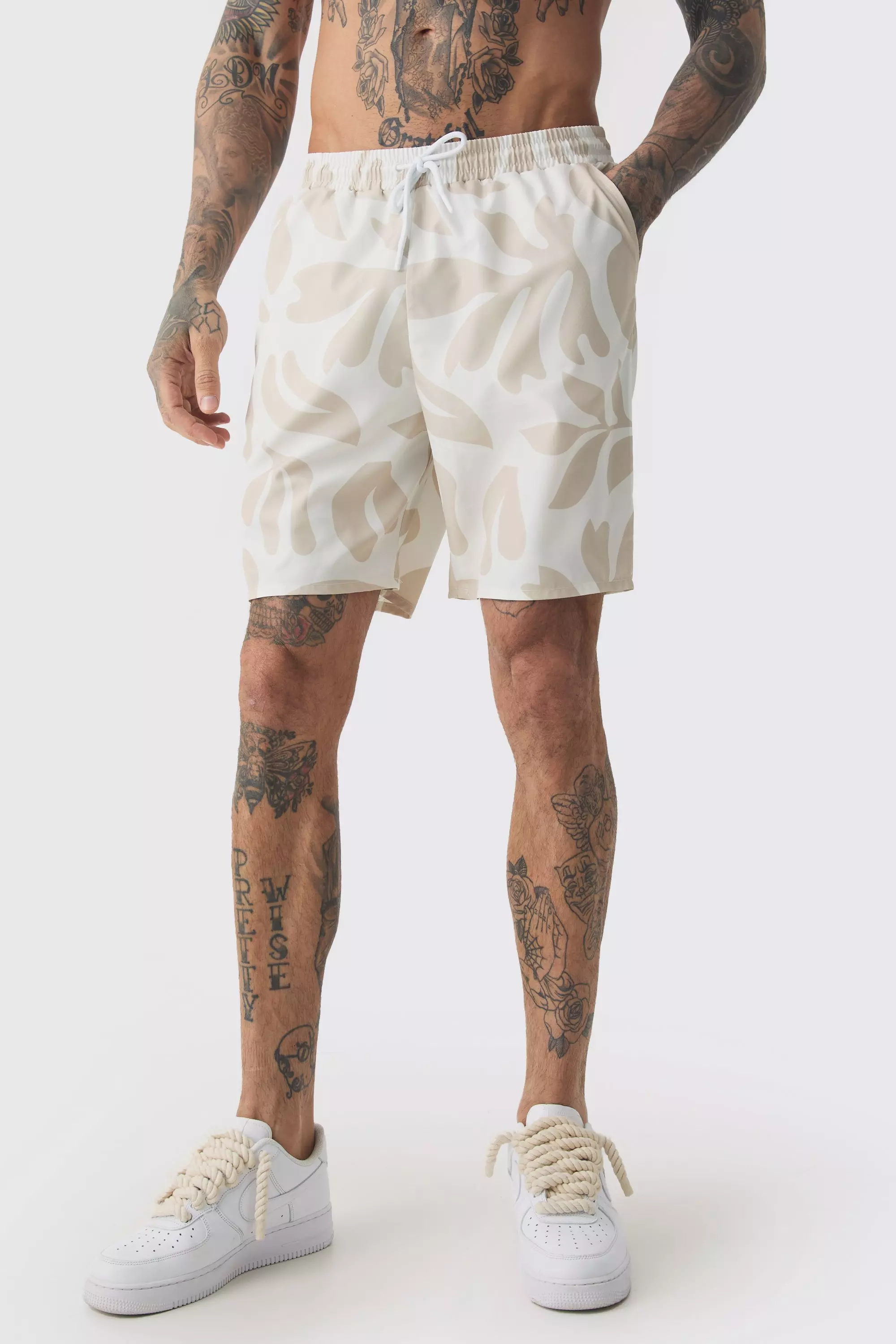 Tall Tonal Palm Printed Swim Shorts Stone