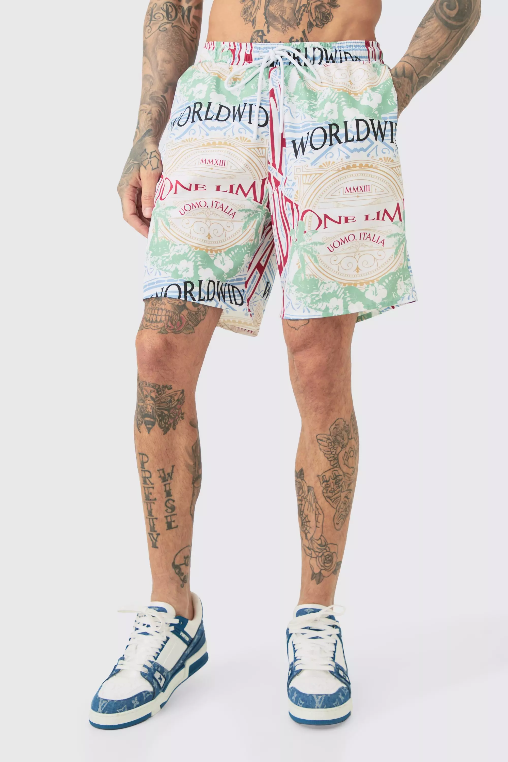 Tall Tapestry Printed Swim Trunks White