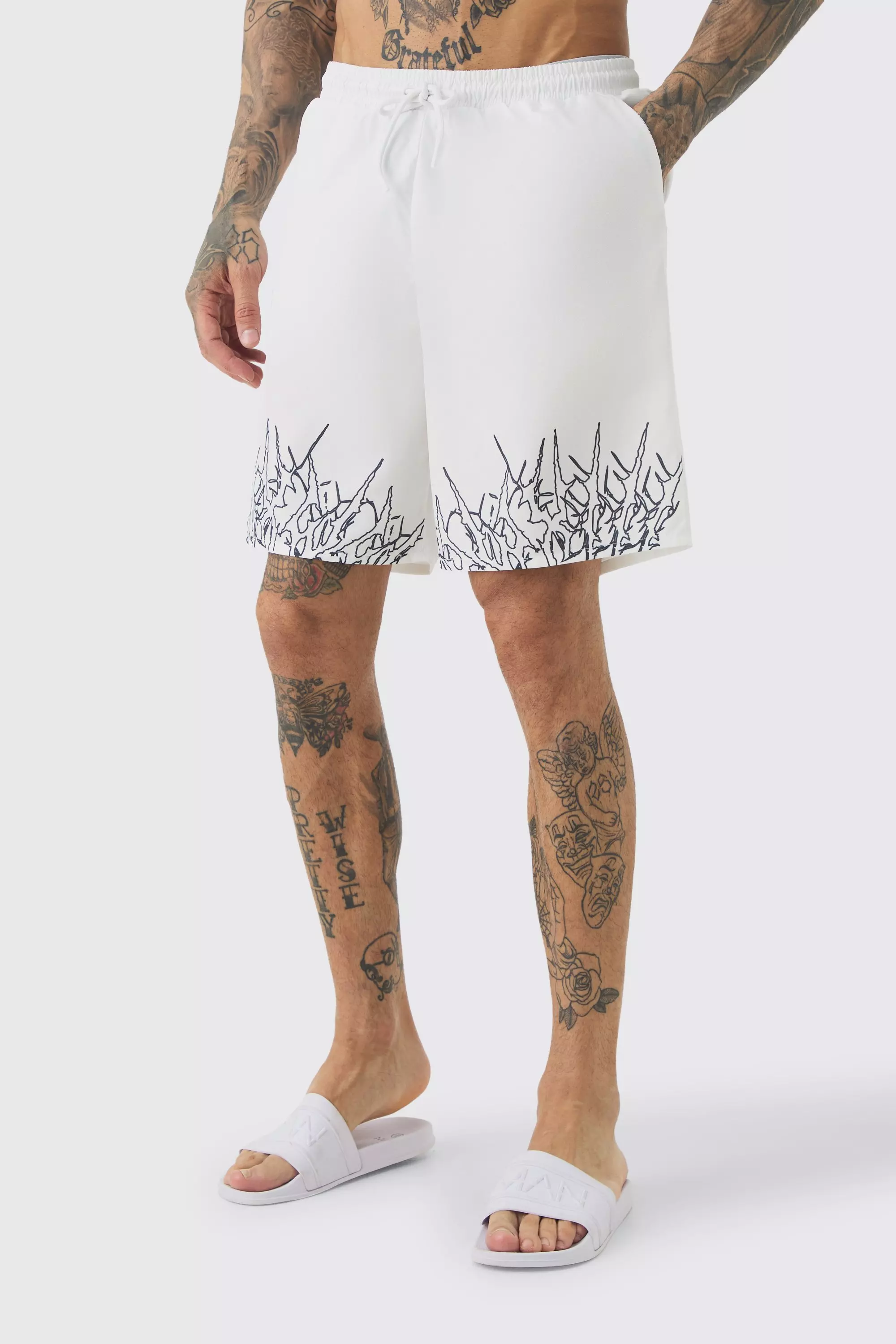 Tall Printed Hem Swim Shorts White