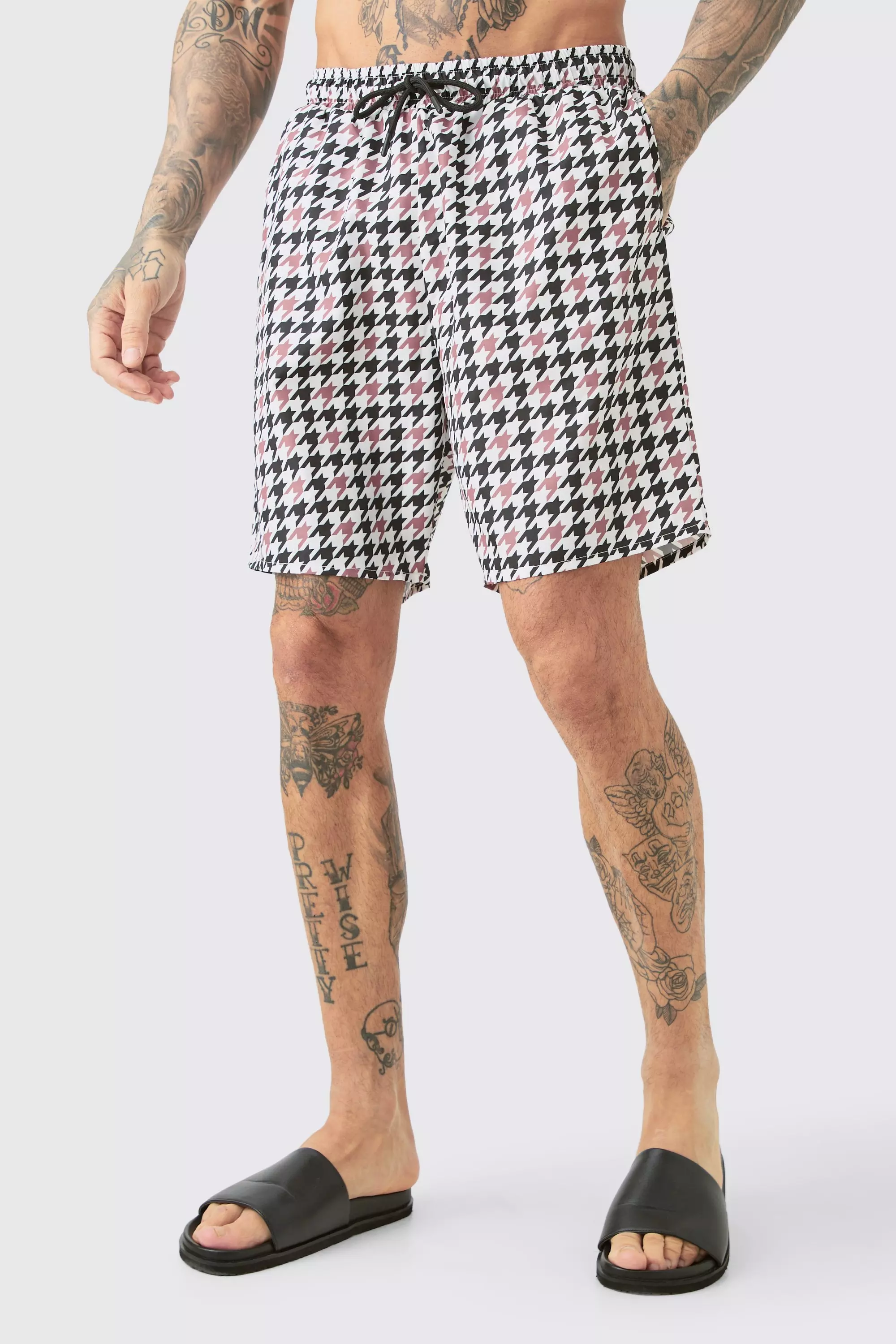 Tall Houndstooth Checked Printed Swim Shorts White