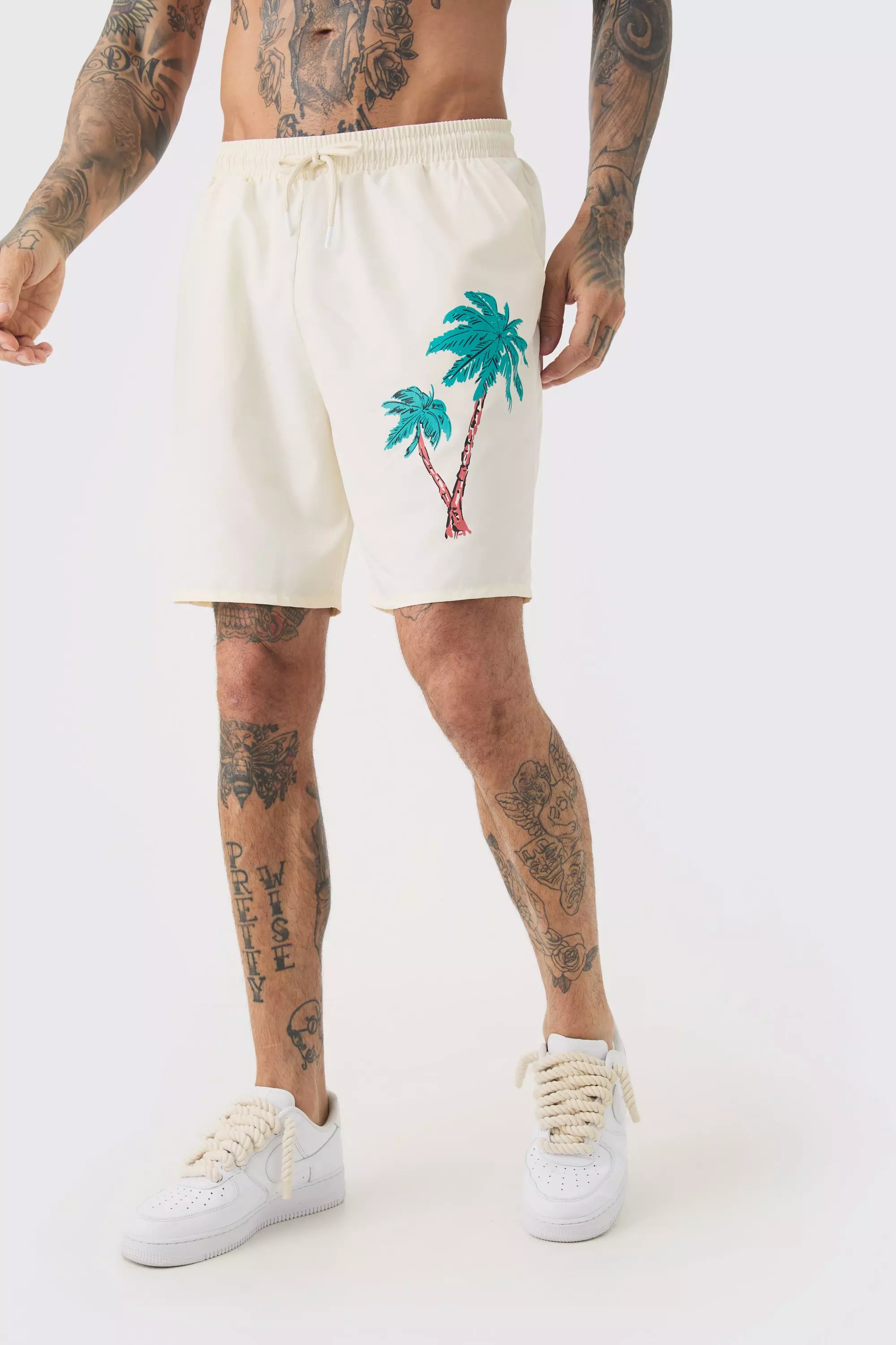 Tall Palm Motif Printed Swim Shorts Ecru