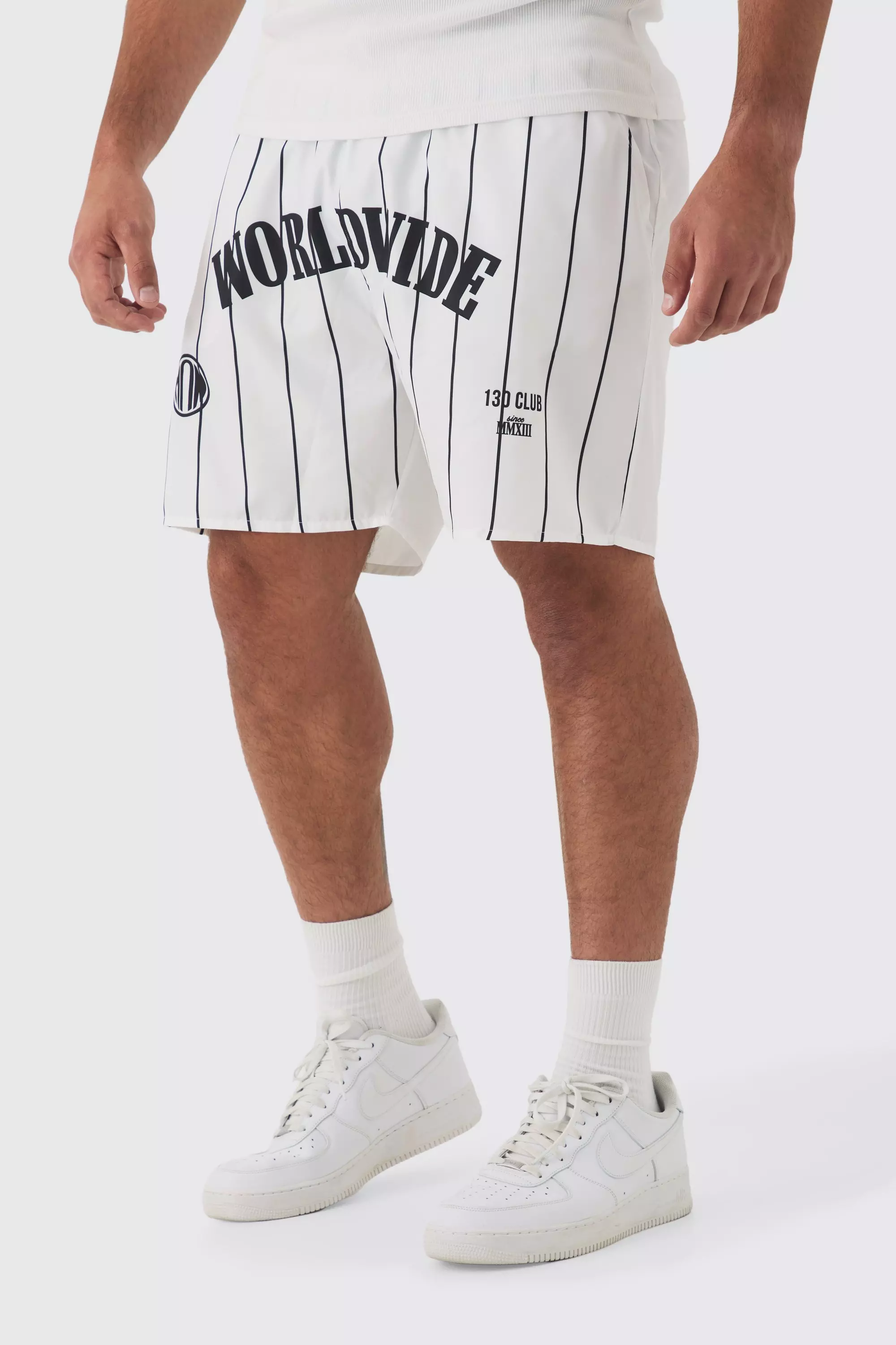 White Plus Worldwide Crotch Printed Stripe Swim Shorts