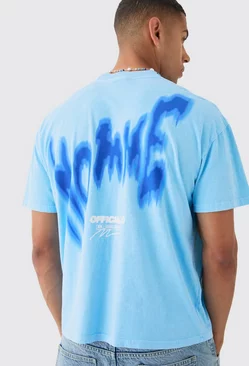 Blue Oversized Washed Graffiti Homme T-shirt