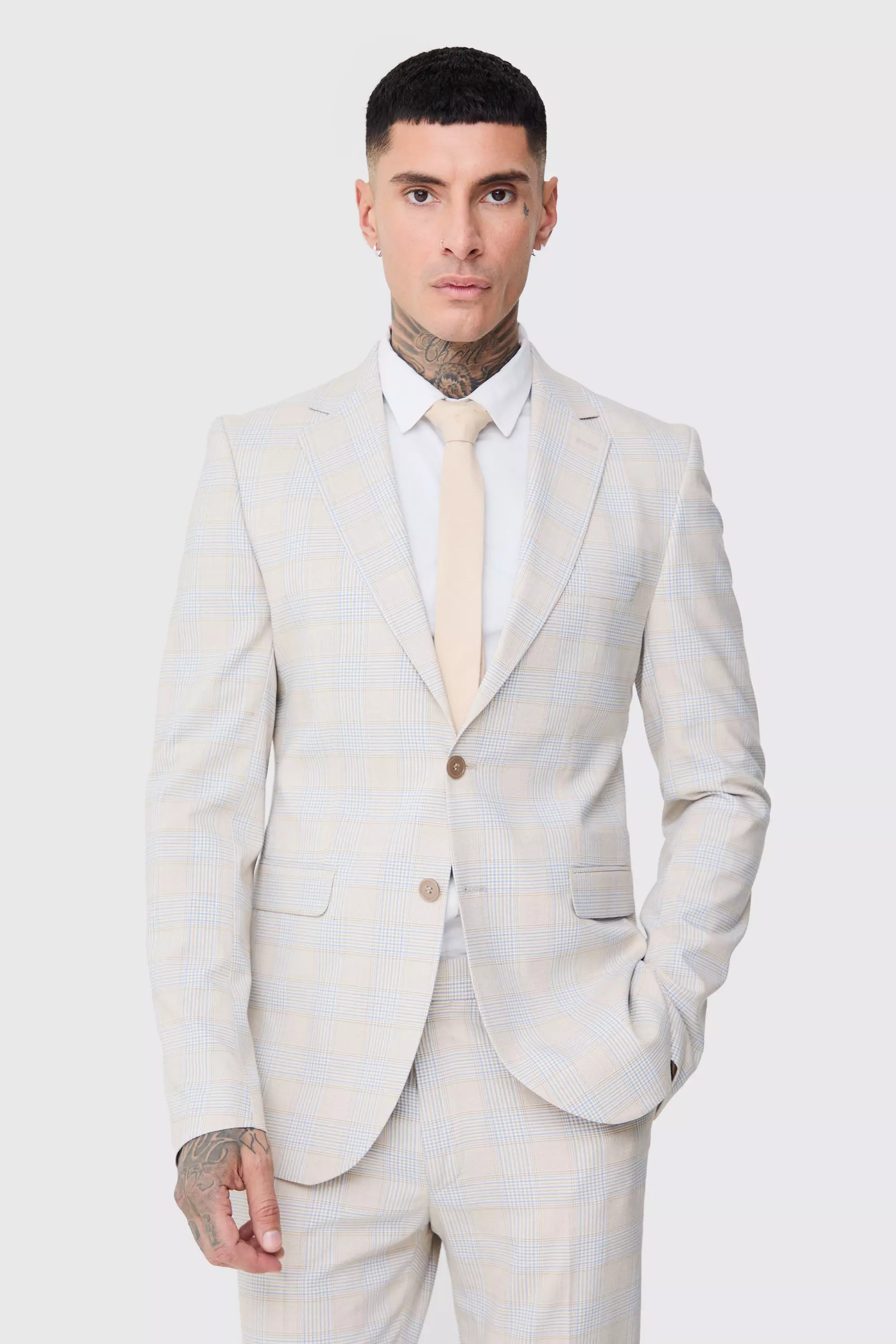 Stone Tall Checked Skinny Fit Blazer alternative image