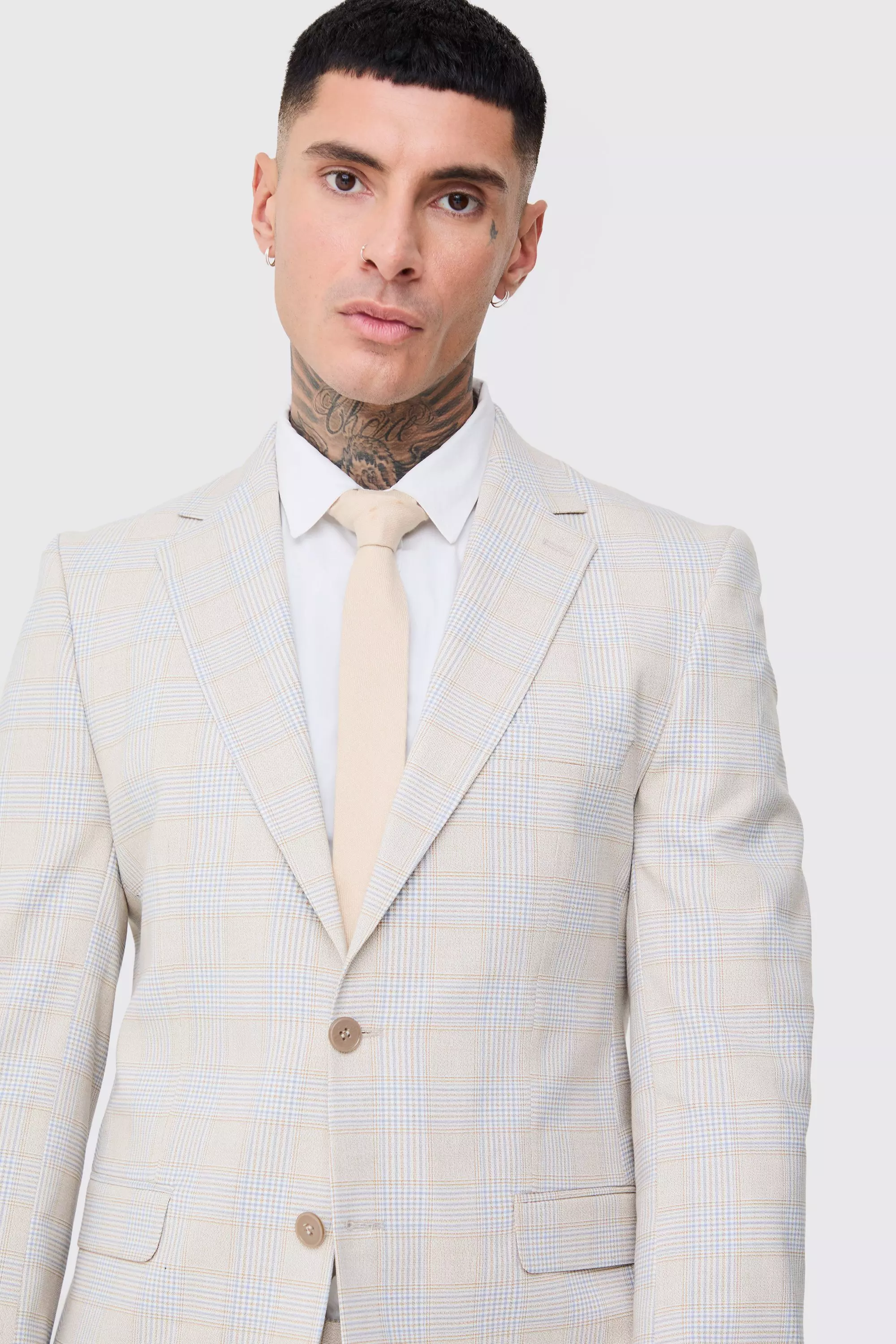 Stone Tall Checked Skinny Fit Blazer alternative image