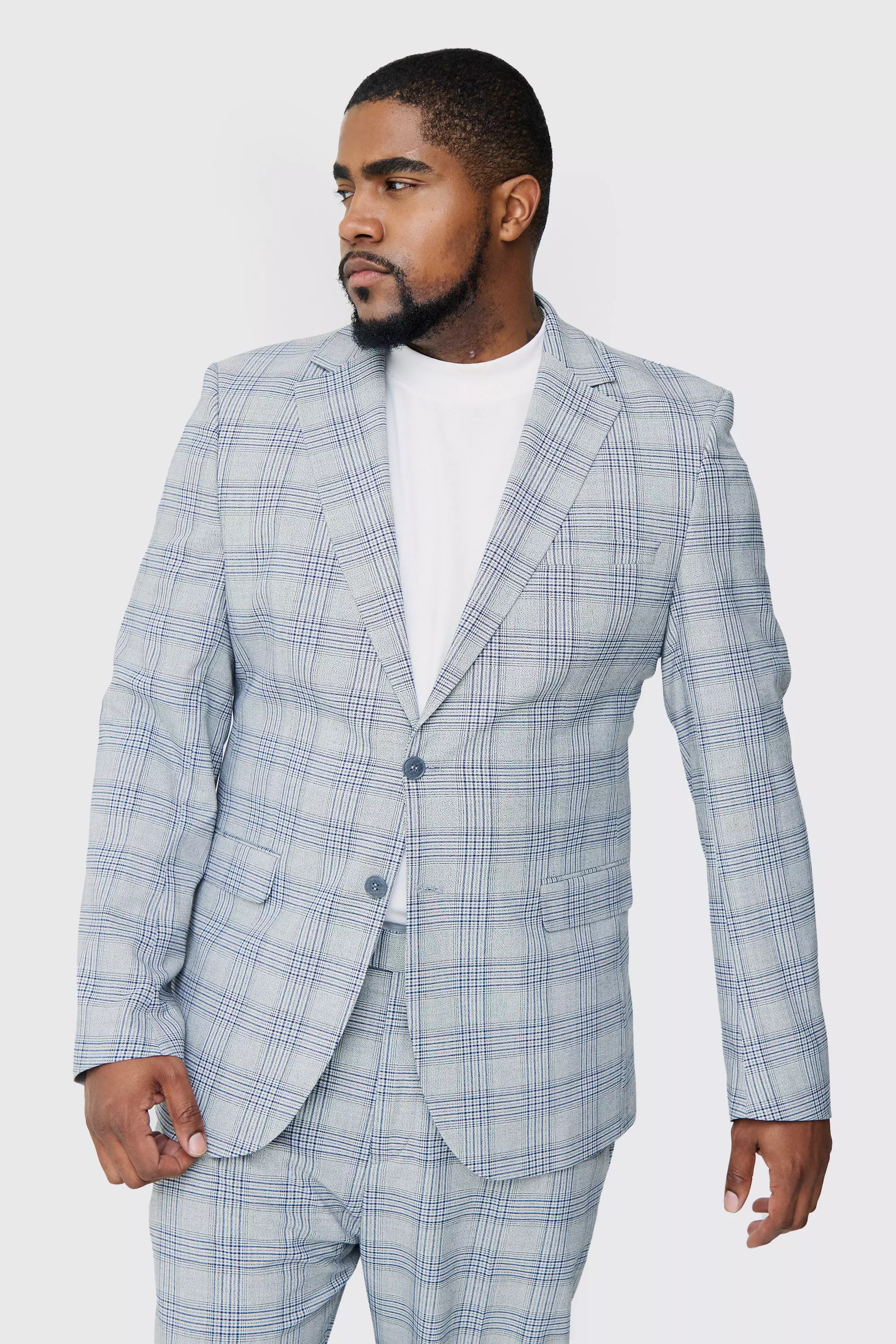 Plus Checked Skinny Fit Blazer Grey