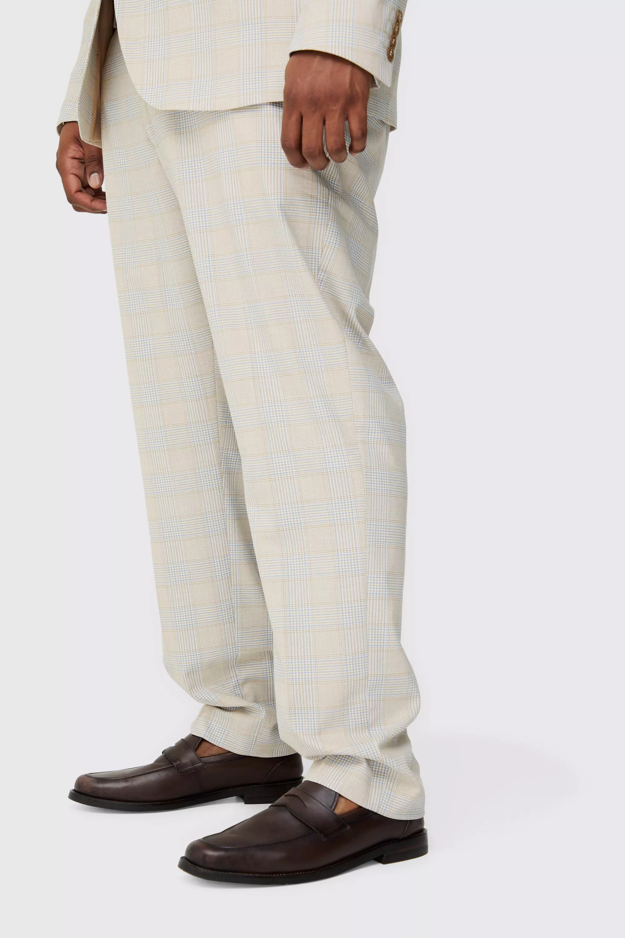 Plus Checked Skinny Fit Trousers Stone