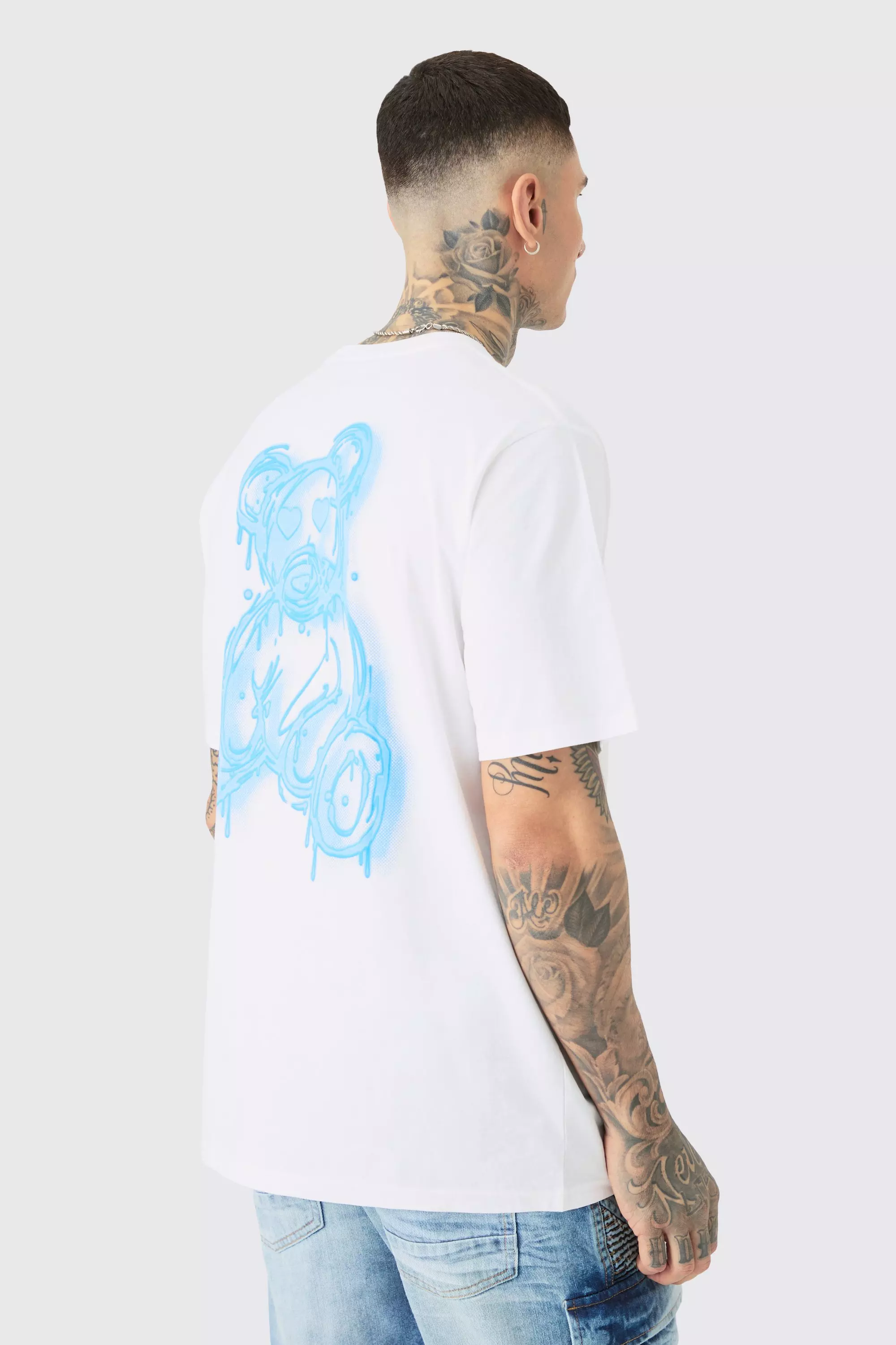 White Tall Drippy Teddy Back Graphic T-shirt In White