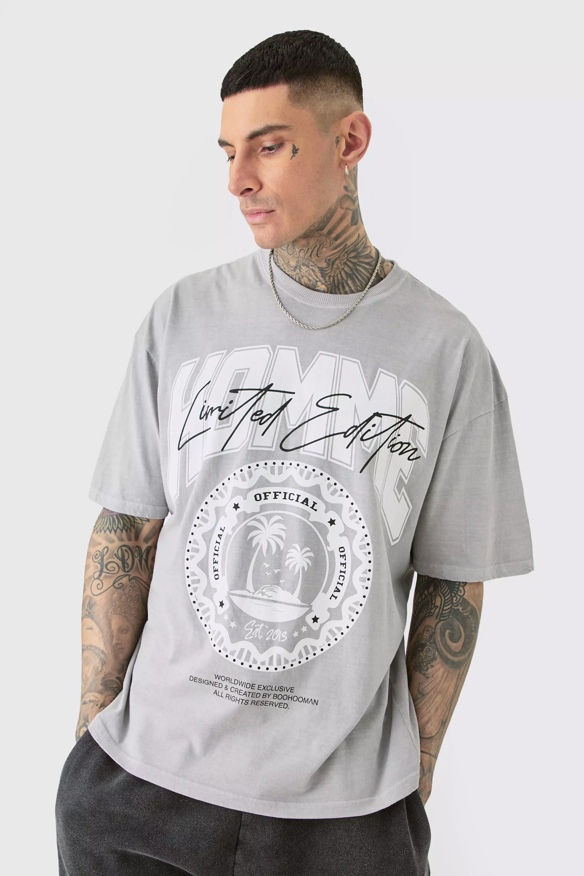 Grey Tall Homme Palm Print Graphic T-shirt In Grey