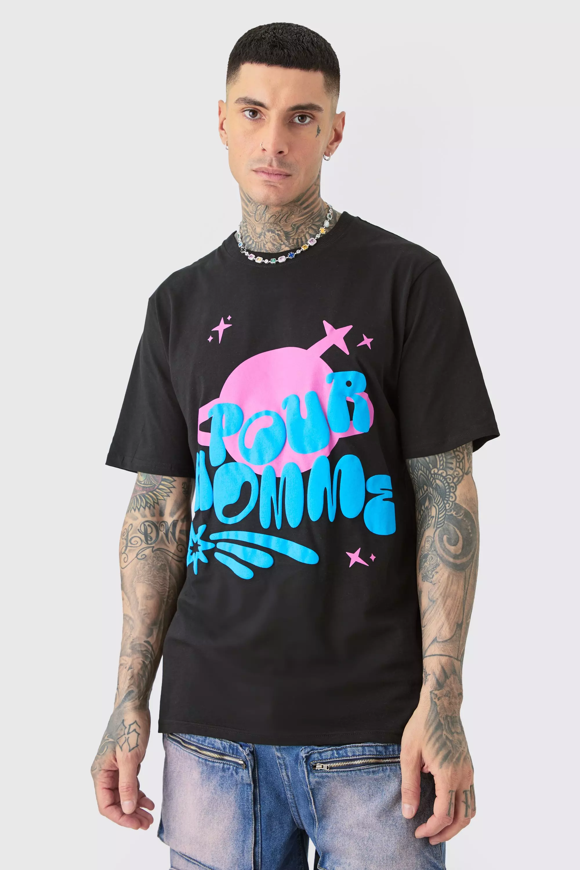 Tall Space Pour Homme Puff Print T-shirt In Black Black