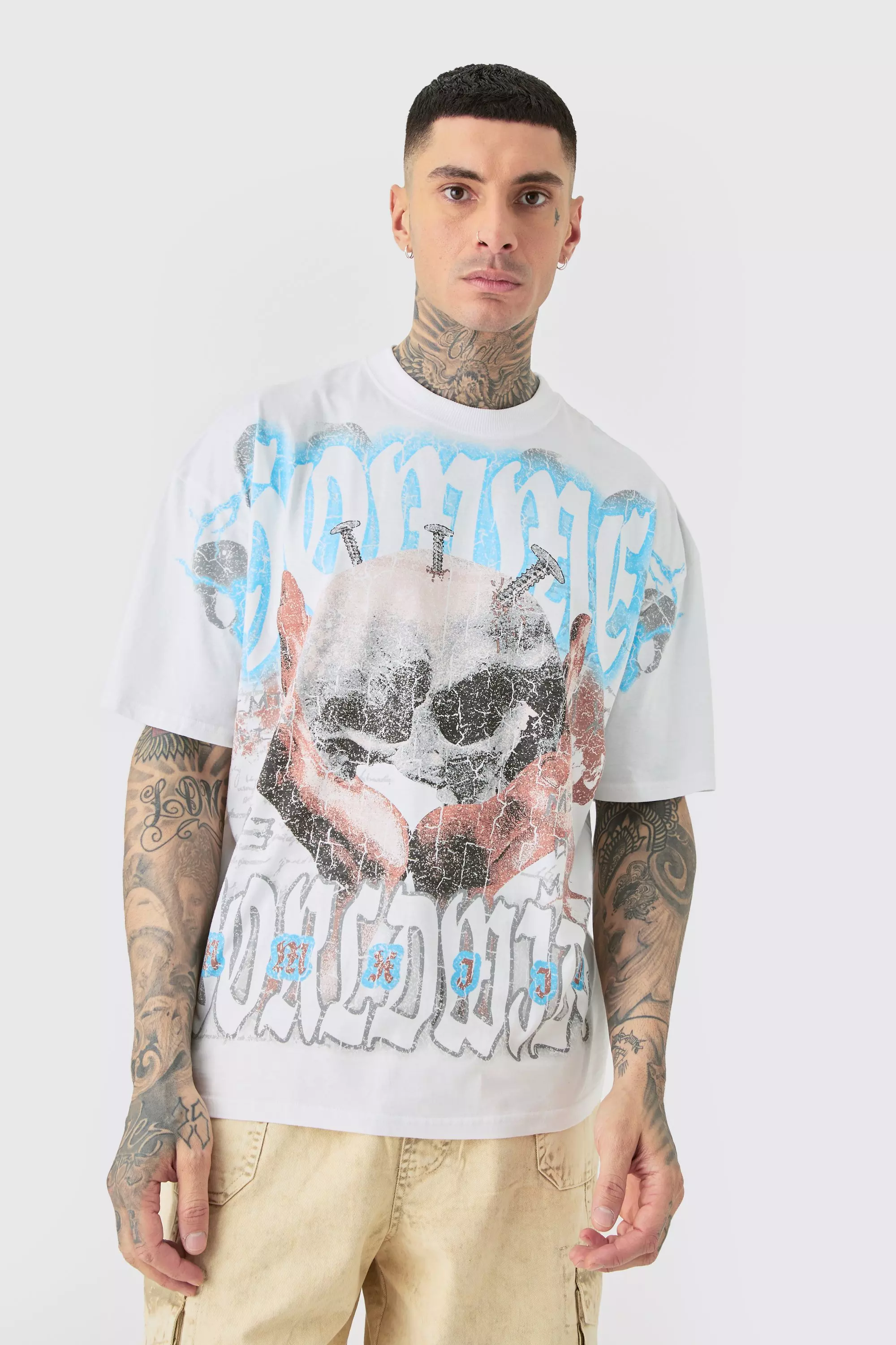 White Tall Homme World Wide Over The Seam Graphic T-shirt- In White