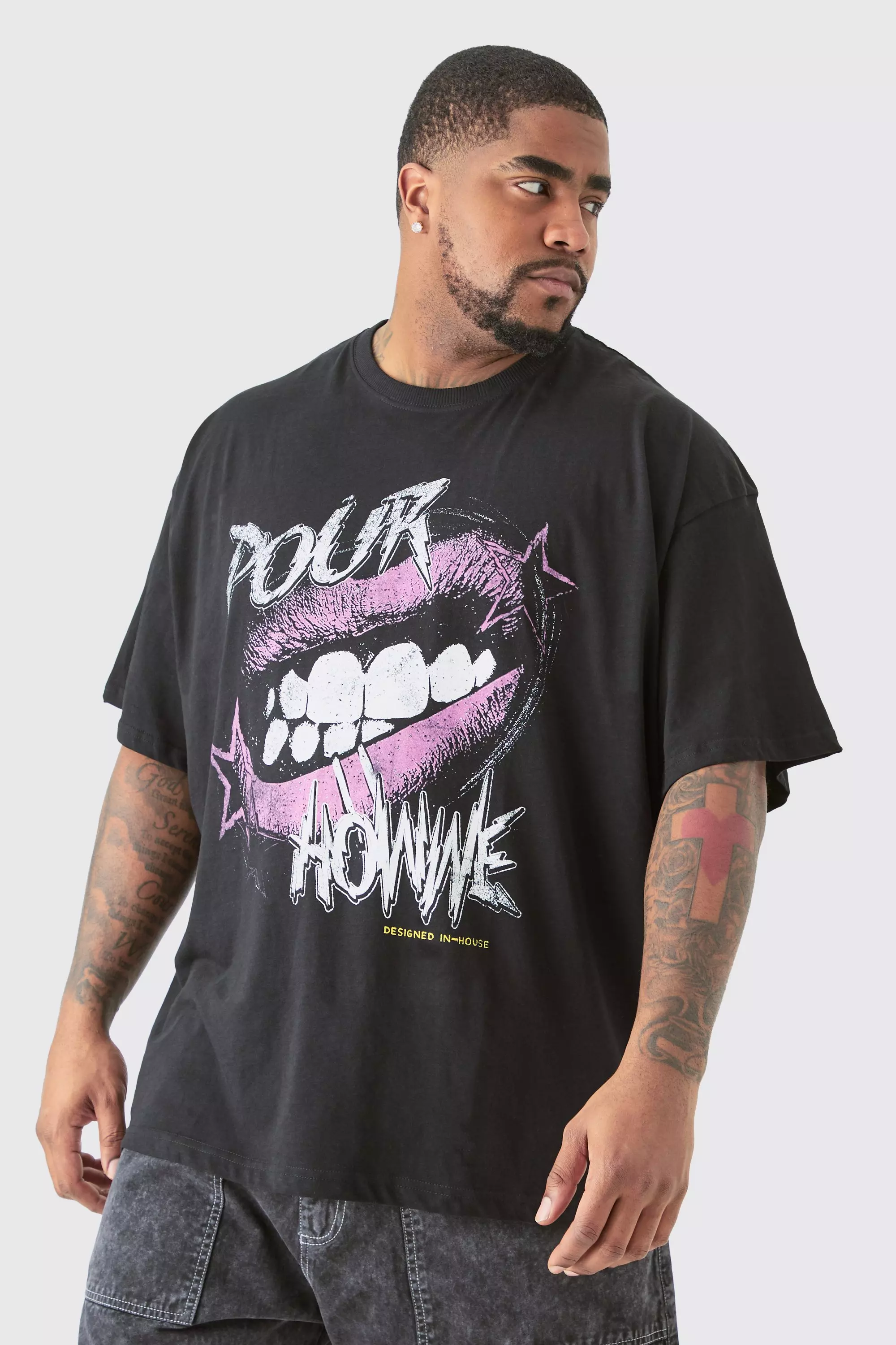 Black Plus Pour Homme Lips Graphic T-shirt In Black